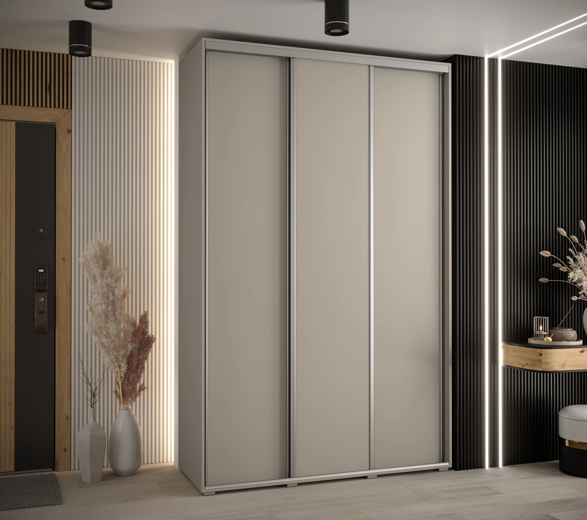 Šatní skříň Dakota 1 - hloubka 60 cm Rozměry: 160 cm, Pásky / úchyty: Stříbrné, Barva korpusu + barva dveří: Kašmír