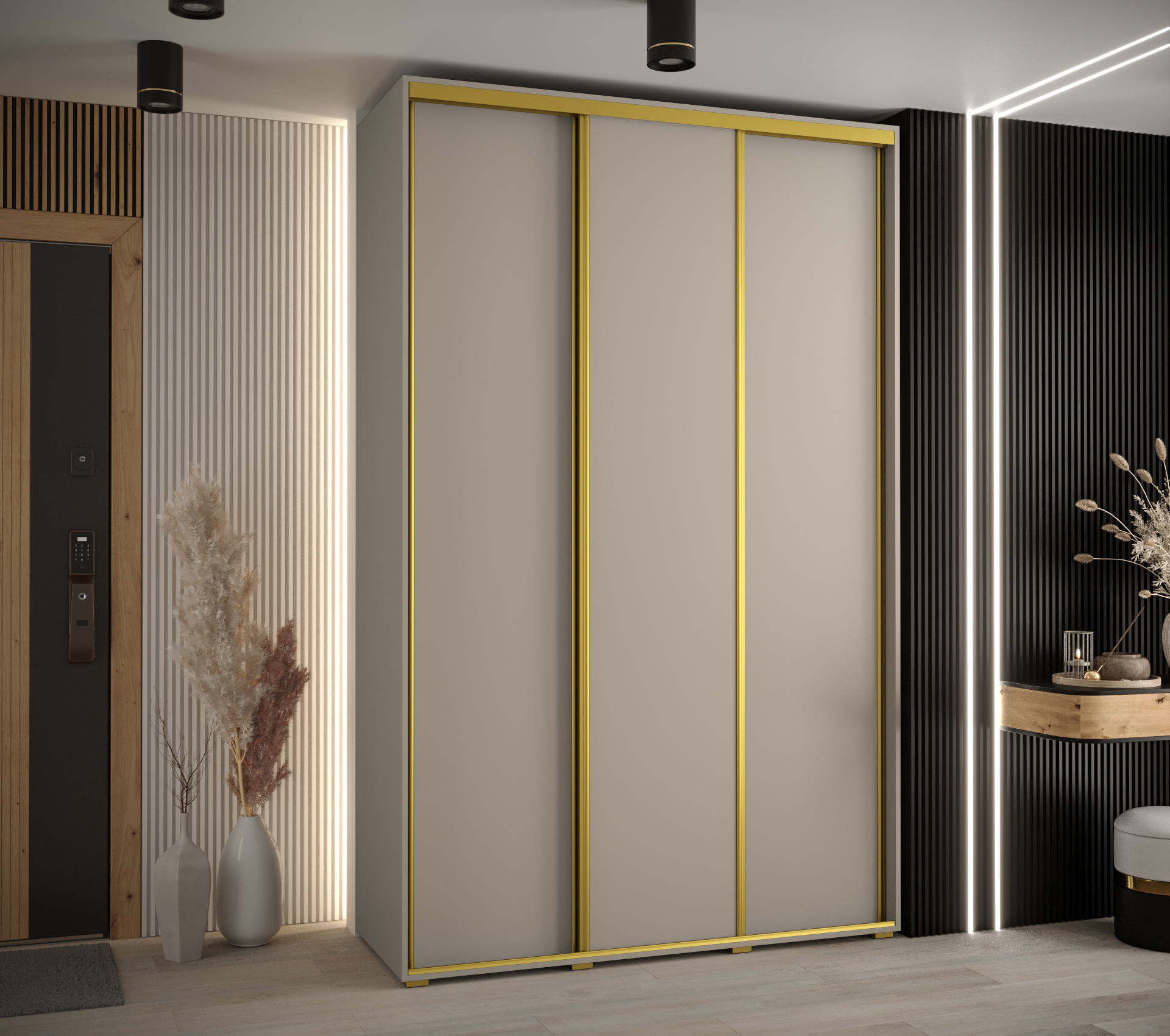 Šatní skříň Dakota 1 - hloubka 60 cm Rozměry: 170 cm, Pásky / úchyty: Zlatý, Barva korpusu + barva dveří: Kašmír