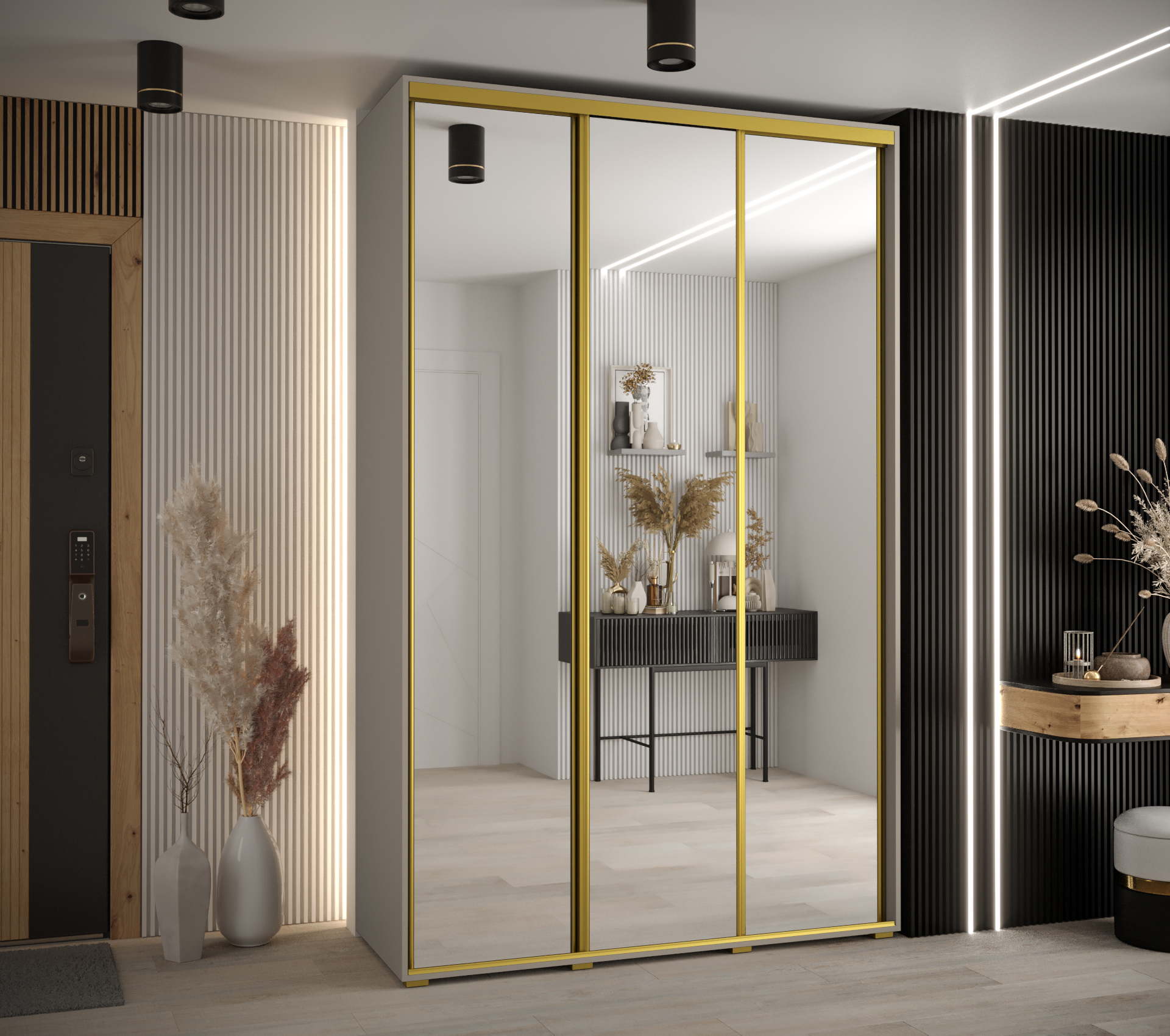 Šatní skříň Dakota 2 - hloubka 60 cm Rozměry: 160 cm, Pásky / úchyty: Zlatý, Barva korpusu + barva dveří: Kašmír + zrcadlo