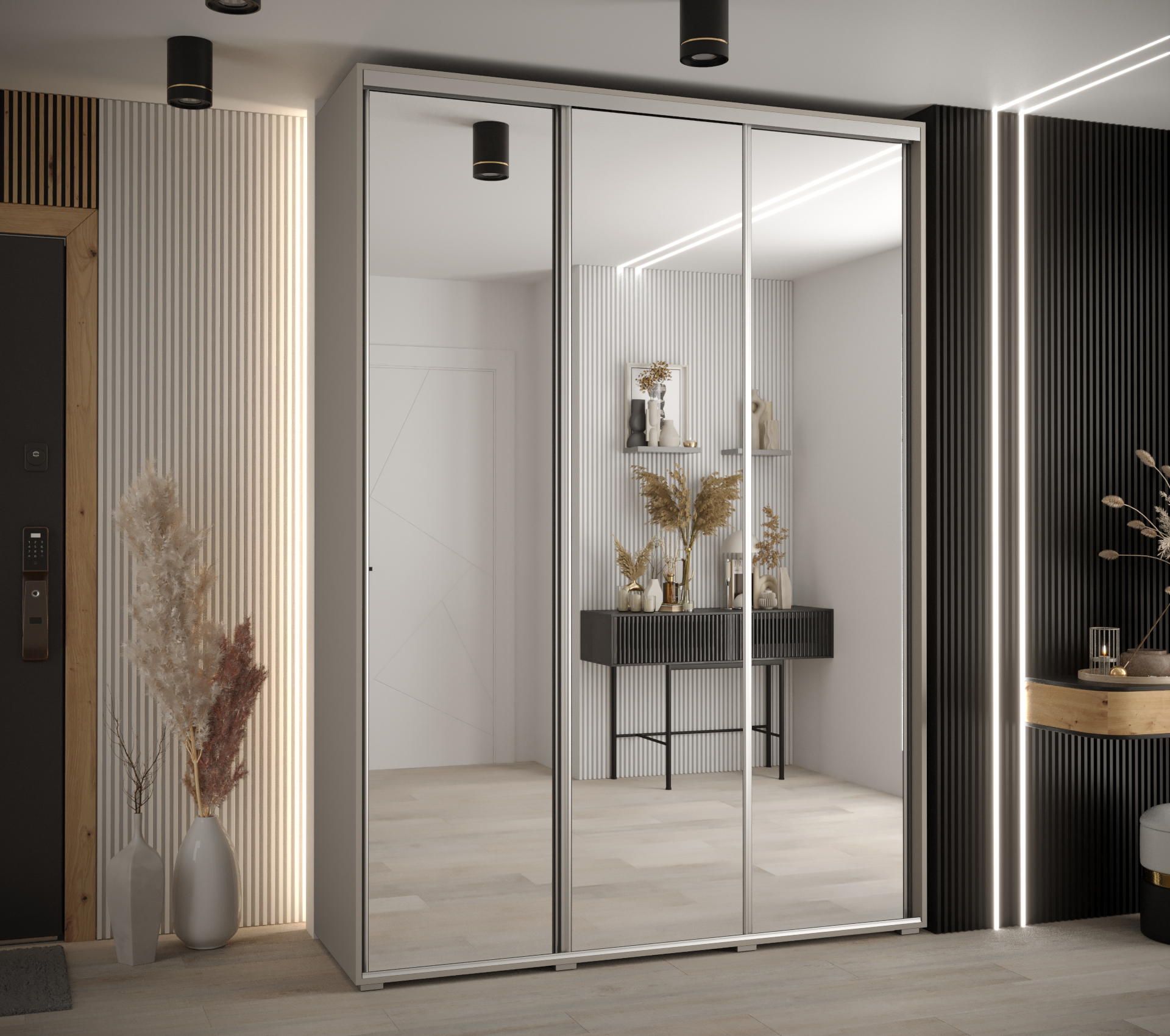 Šatní skříň Dakota 2 - hloubka 60 cm Rozměry: 170 cm, Pásky / úchyty: Stříbrné, Barva korpusu + barva dveří: Kašmír + zrcadlo