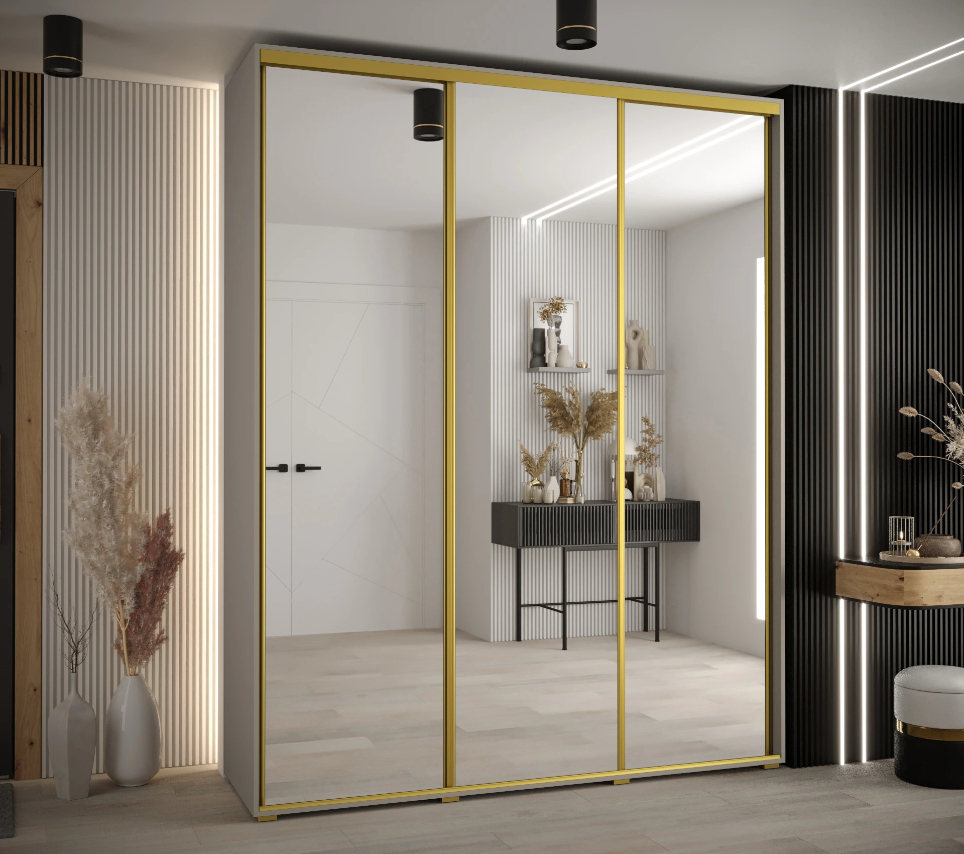 Šatní skříň Dakota 2 - hloubka 60 cm Rozměry: 200 cm, Pásky / úchyty: Zlatý, Barva korpusu + barva dveří: Kašmír + zrcadlo