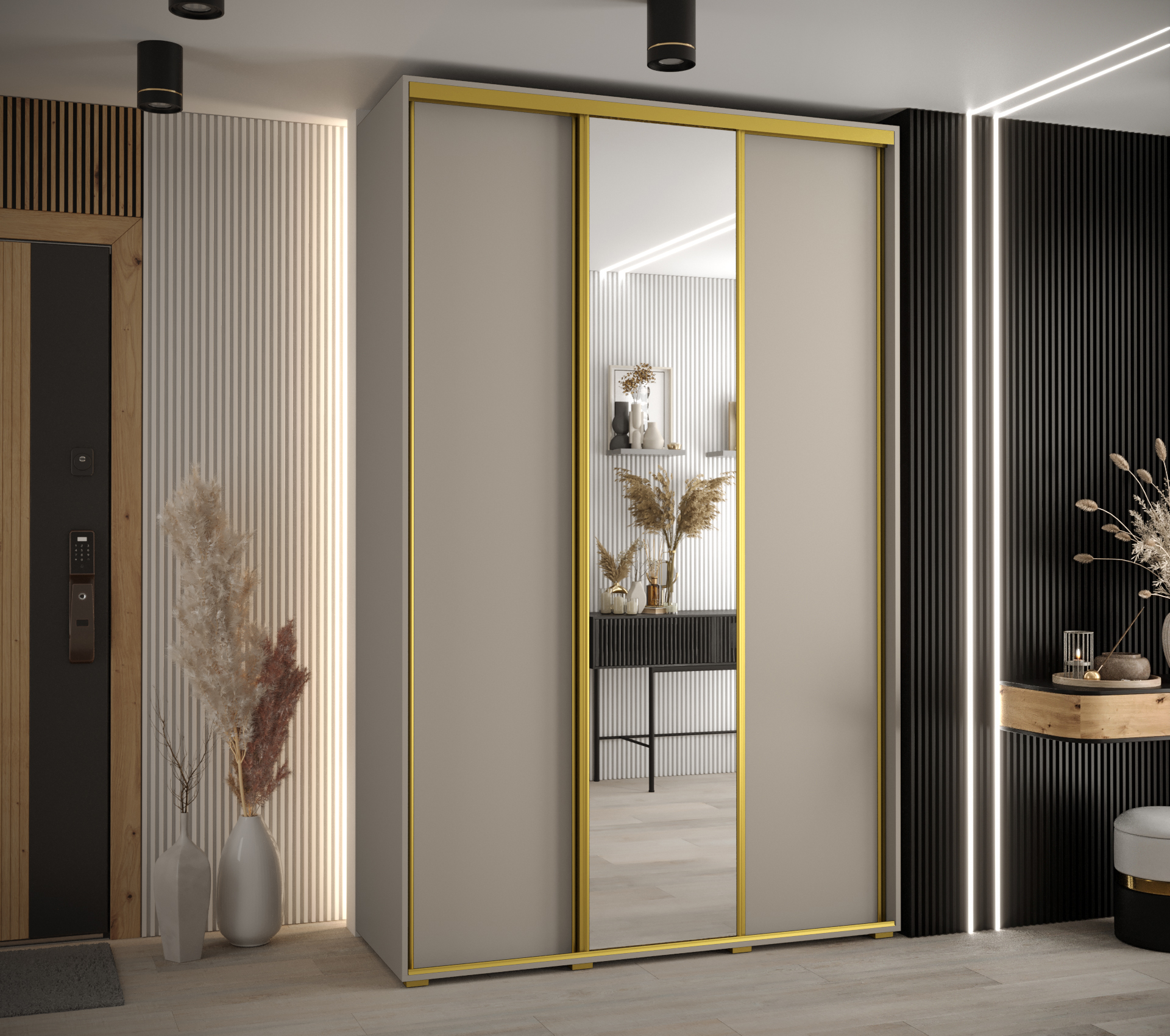 Šatní skříň Dakota 3 - hloubka 45 cm Rozměry: 150 cm, Pásky / úchyty: Zlatý, Barva korpusu + barva dveří: Kašmír + zrcadlo