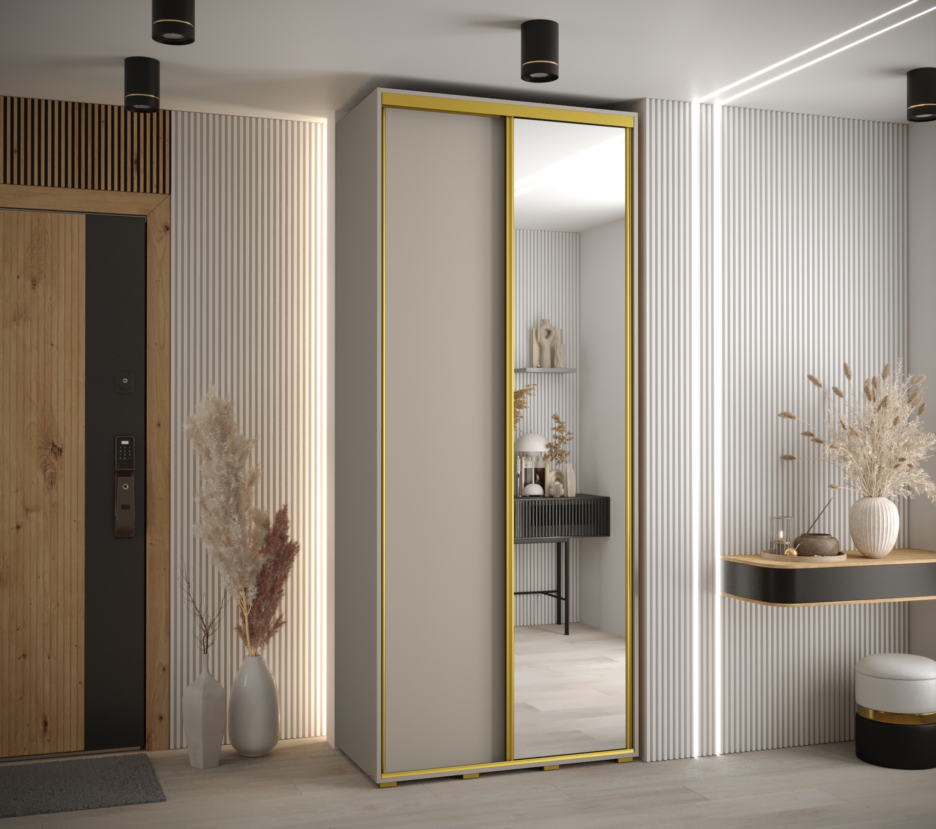 Šatní skříň Dakota 3 - hloubka 60 cm Rozměry: 120 cm, Pásky / úchyty: Zlatý, Barva korpusu + barva dveří: Kašmír + zrcadlo