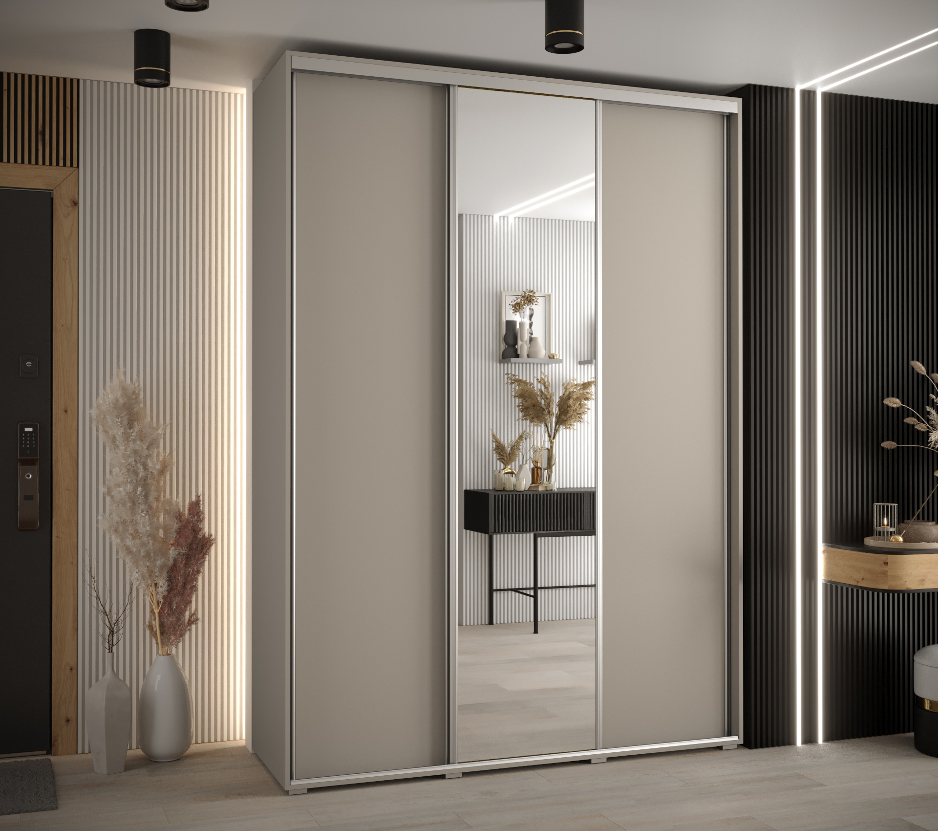 Šatní skříň Dakota 3 - hloubka 60 cm Rozměry: 180 cm, Pásky / úchyty: Stříbrné, Barva korpusu + barva dveří: Kašmír + zrcadlo