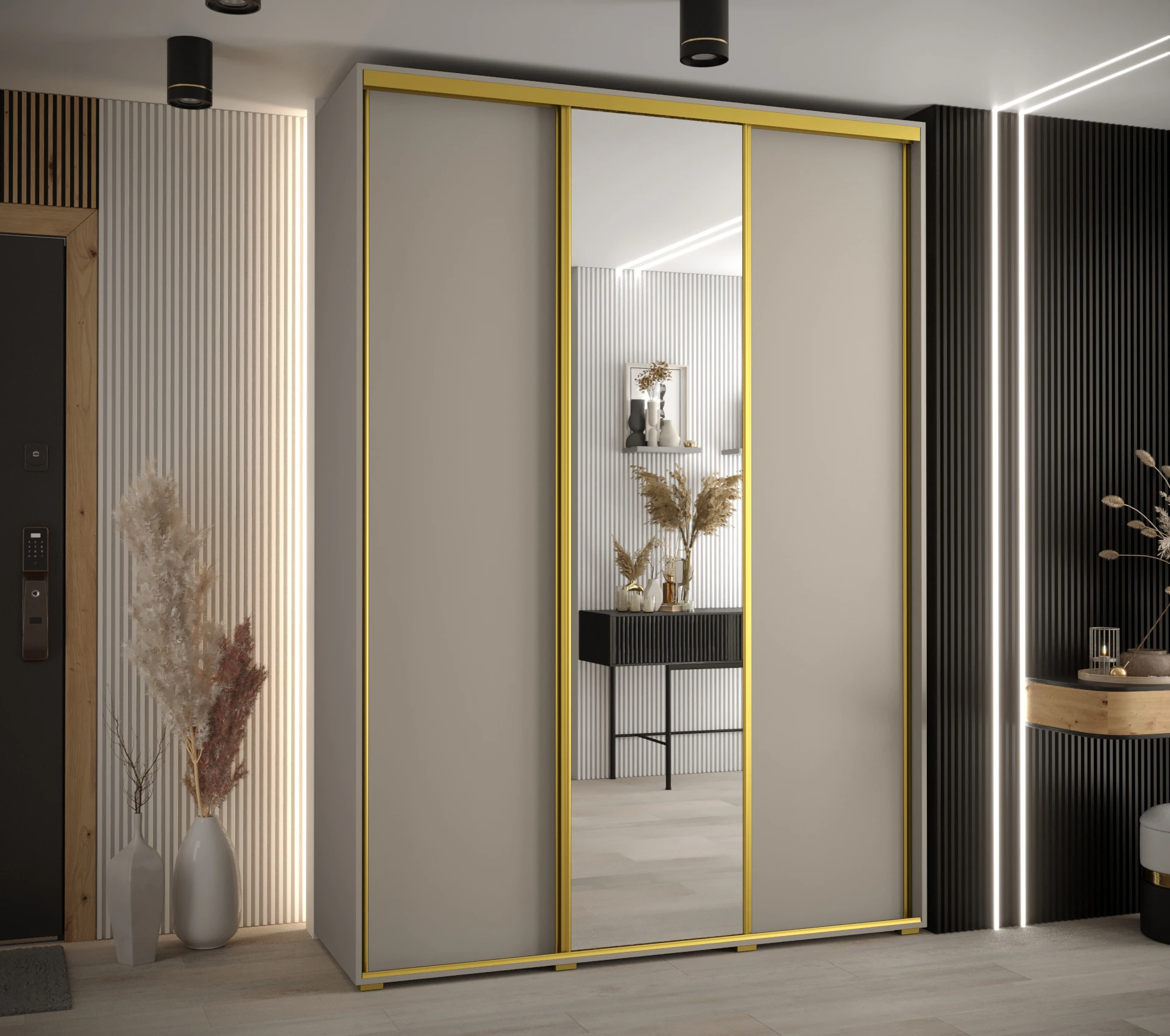 Šatní skříň Dakota 3 - hloubka 60 cm Rozměry: 180 cm, Pásky / úchyty: Zlatý, Barva korpusu + barva dveří: Kašmír + zrcadlo