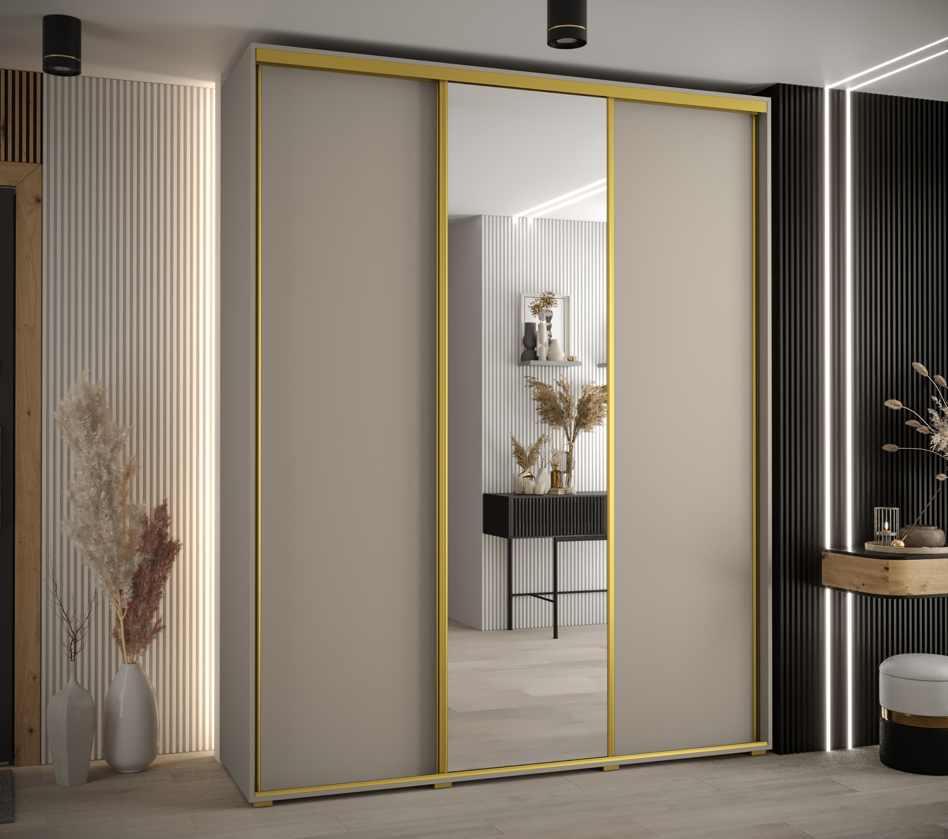 Šatní skříň Dakota 3 - hloubka 60 cm Rozměry: 190 cm, Pásky / úchyty: Zlatý, Barva korpusu + barva dveří: Kašmír + zrcadlo