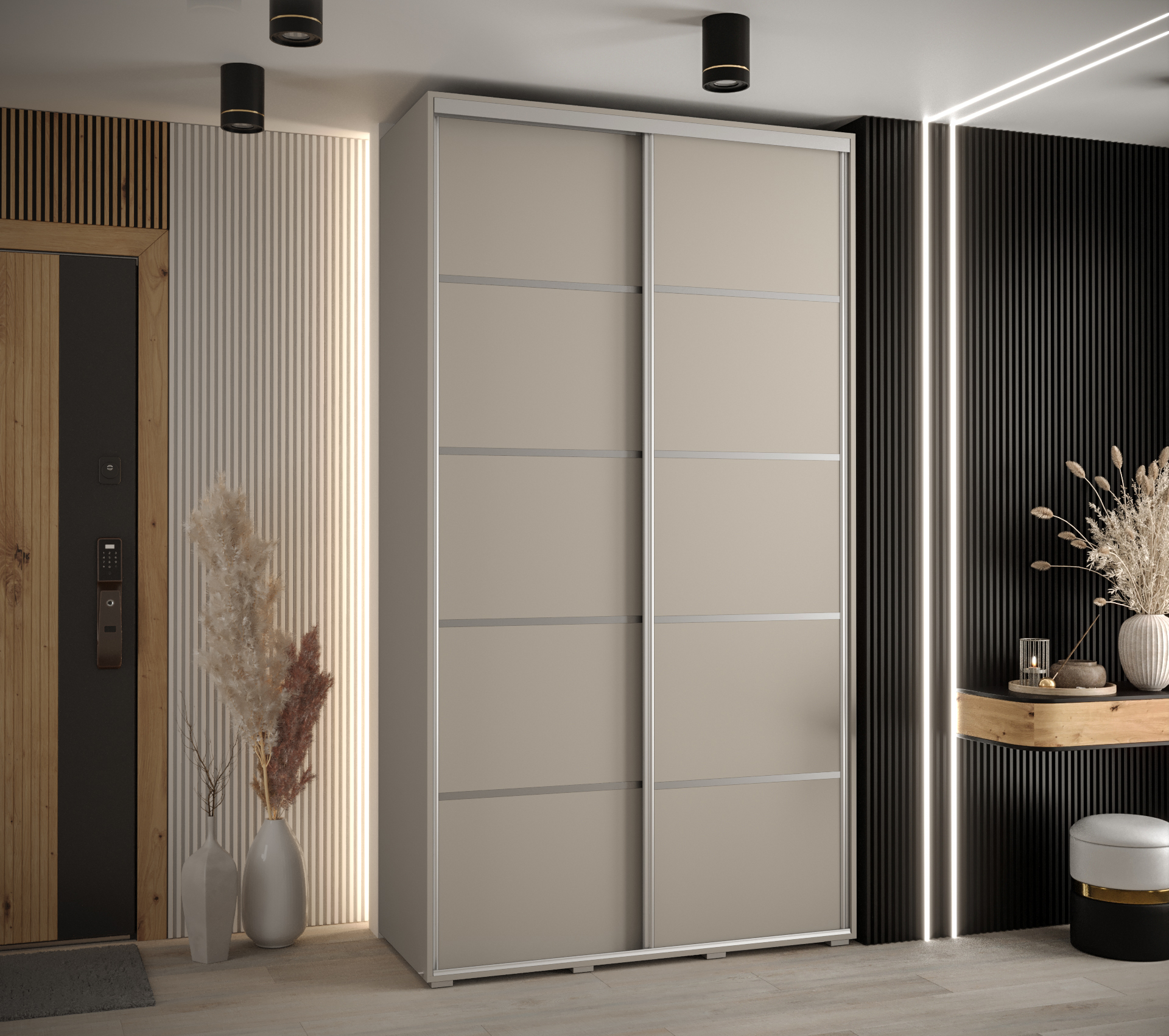 Šatní skříň Dakota 4 - hloubka 45 cm Rozměry: 130 cm, Pásky / úchyty: Stříbrné, Barva korpusu + barva dveří: Kašmír