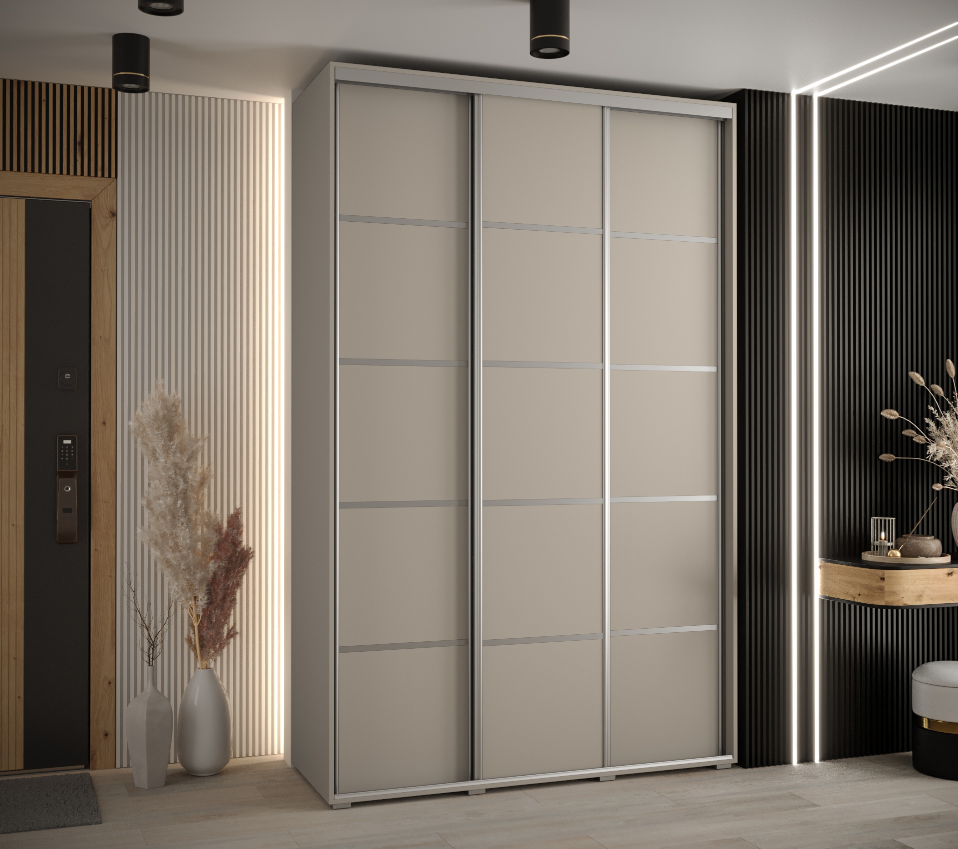 Šatní skříň Dakota 4 - hloubka 45 cm Rozměry: 160 cm, Pásky / úchyty: Stříbrné, Barva korpusu + barva dveří: Kašmír