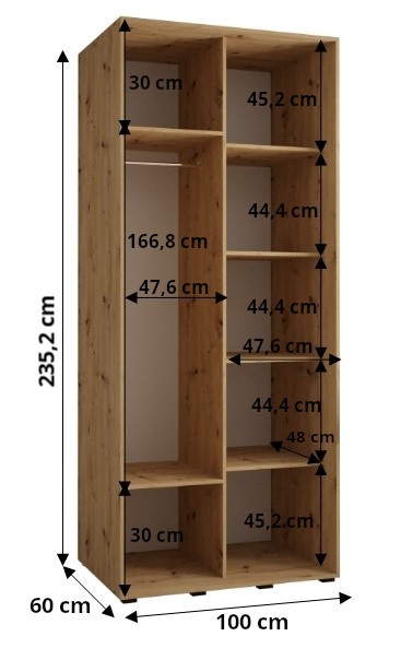 Šatní skříň Dakota 4 - hloubka 60 cm Rozměry: 100 cm, Pásky / úchyty: Stříbrné, Barva korpusu + barva dveří: Kašmír (obrázek 6)