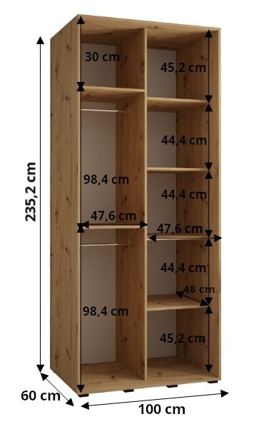Šatní skříň Dakota 4 - hloubka 60 cm Rozměry: 100 cm, Pásky / úchyty: Stříbrné, Barva korpusu + barva dveří: Kašmír (obrázek 7)