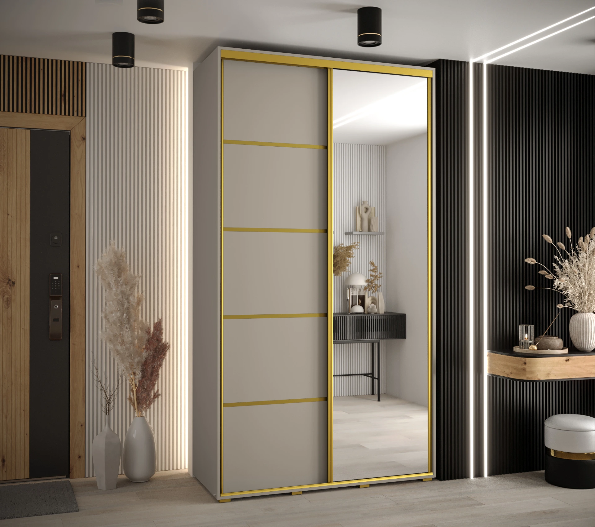 Šatní skříň Dakota 5 - hloubka 45 cm Rozměry: 140 cm, Pásky / úchyty: Zlatý, Barva korpusu + barva dveří: Kašmír