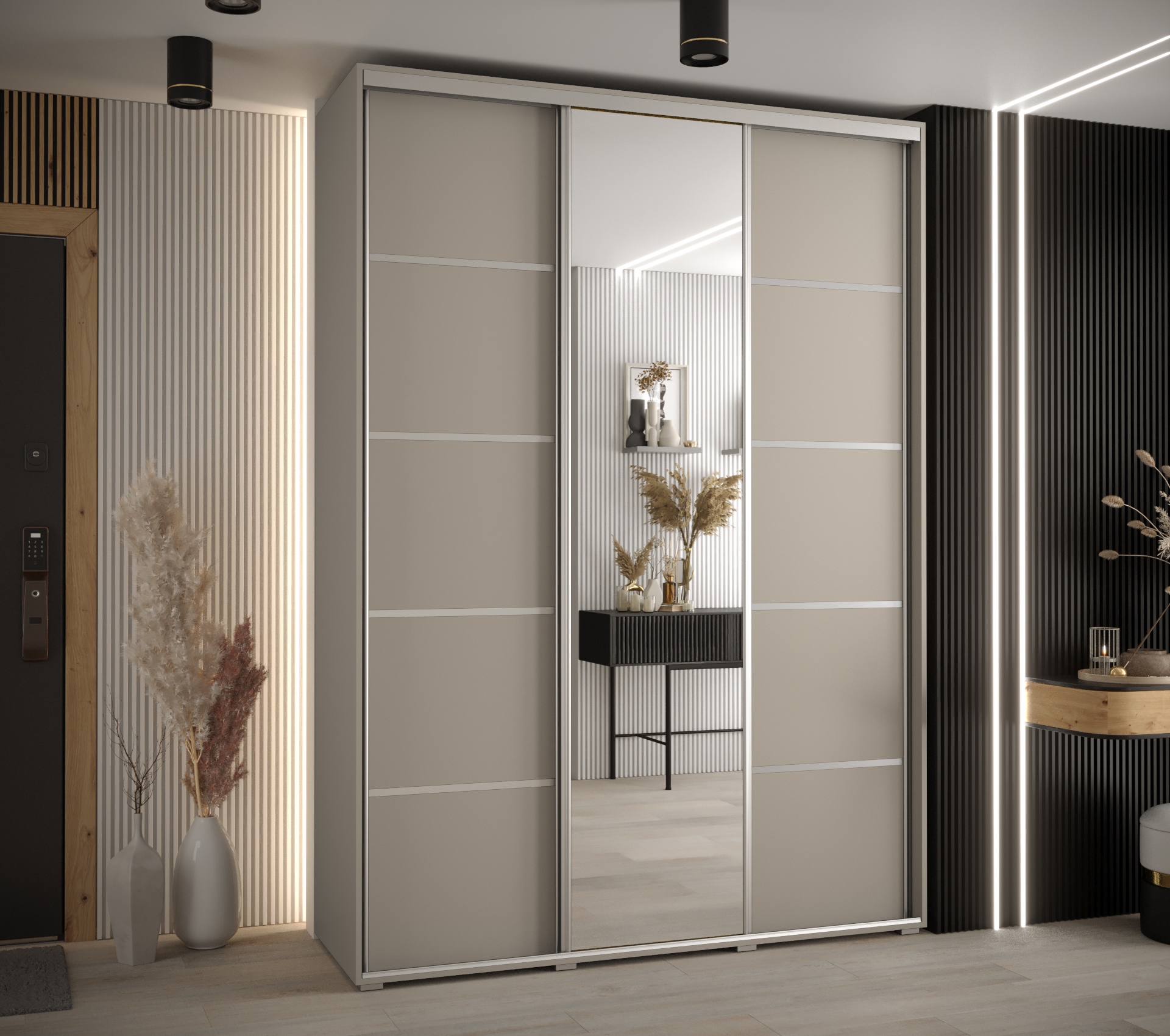 Šatní skříň Dakota 5 - hloubka 45 cm Rozměry: 170 cm, Pásky / úchyty: Stříbrné, Barva korpusu + barva dveří: Kašmír