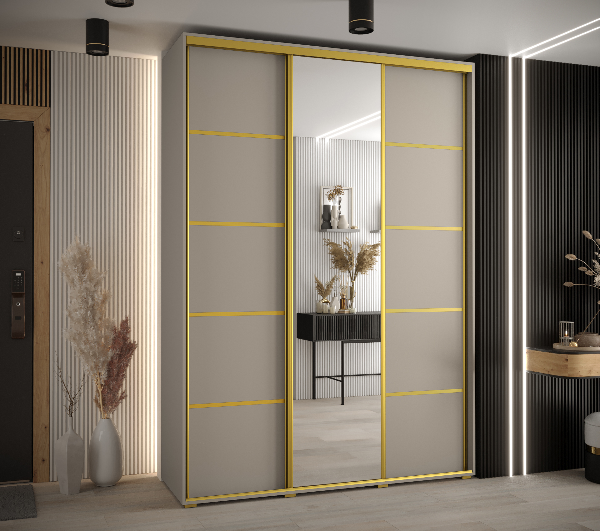 Šatní skříň Dakota 5 - hloubka 45 cm Rozměry: 170 cm, Pásky / úchyty: Zlatý, Barva korpusu + barva dveří: Kašmír