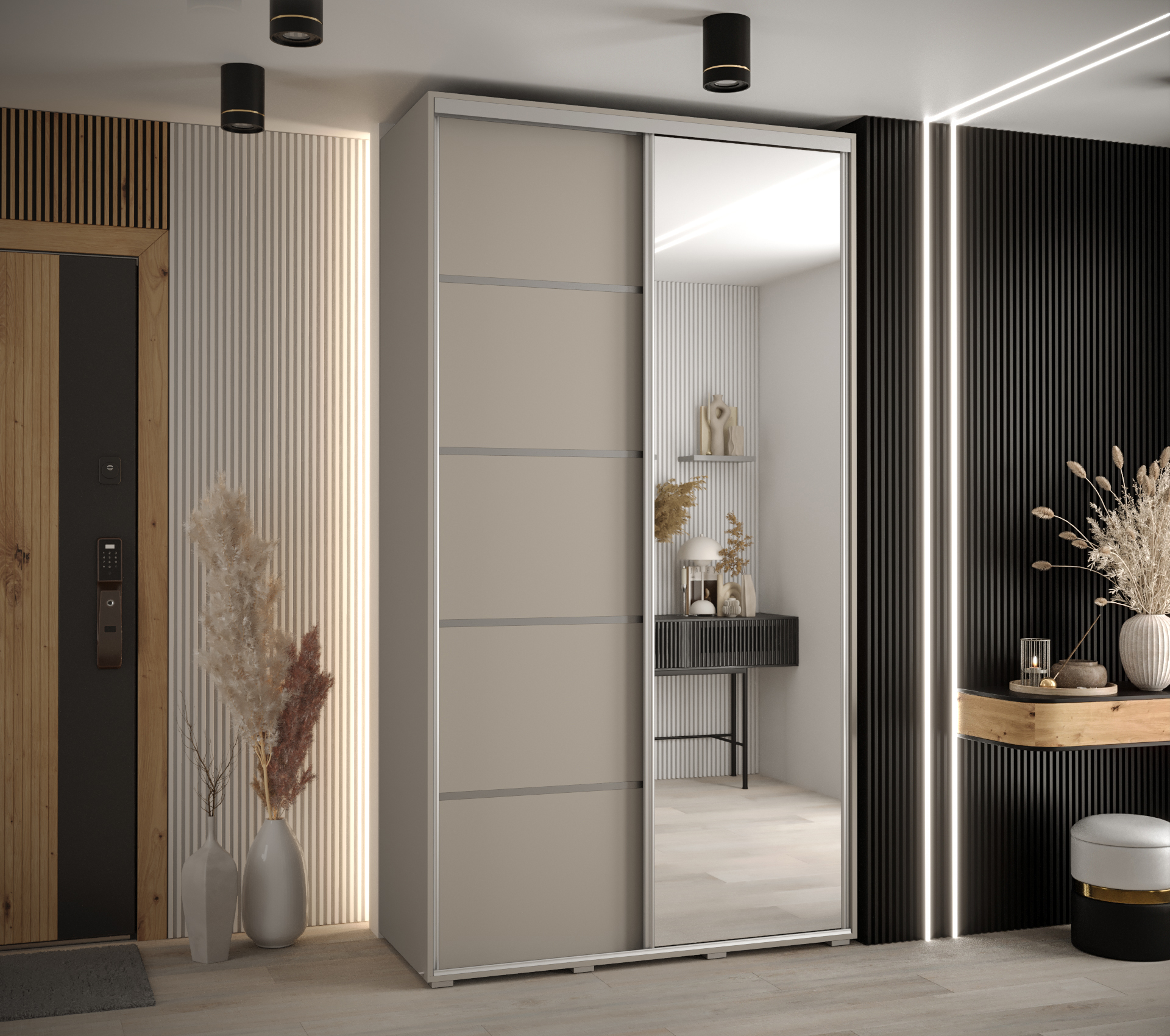 Šatní skříň Dakota 5 - hloubka 60 cm Rozměry: 140 cm, Pásky / úchyty: Stříbrné, Barva korpusu + barva dveří: Kašmír