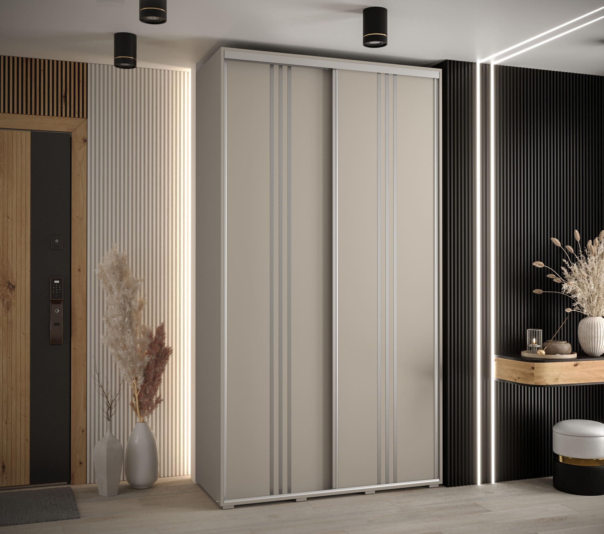 Šatní skříň Dakota 6 - hloubka 45 cm Rozměry: 140 cm, Pásky / úchyty: Stříbrné, Barva korpusu + barva dveří: Kašmír