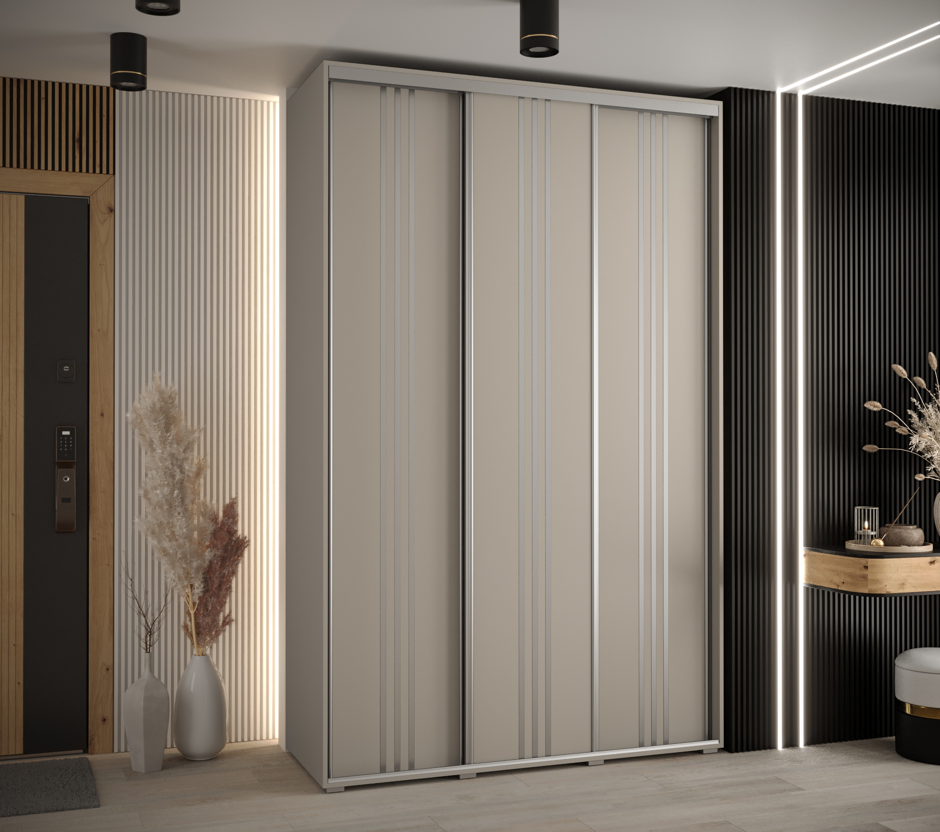 Šatní skříň Dakota 6 - hloubka 45 cm Rozměry: 150 cm, Pásky / úchyty: Stříbrné, Barva korpusu + barva dveří: Kašmír