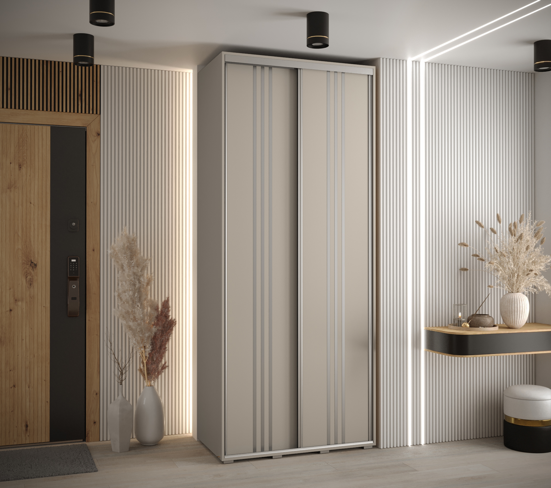 Šatní skříň Dakota 6 - hloubka 60 cm Rozměry: 120 cm, Pásky / úchyty: Stříbrné, Barva korpusu + barva dveří: Kašmír