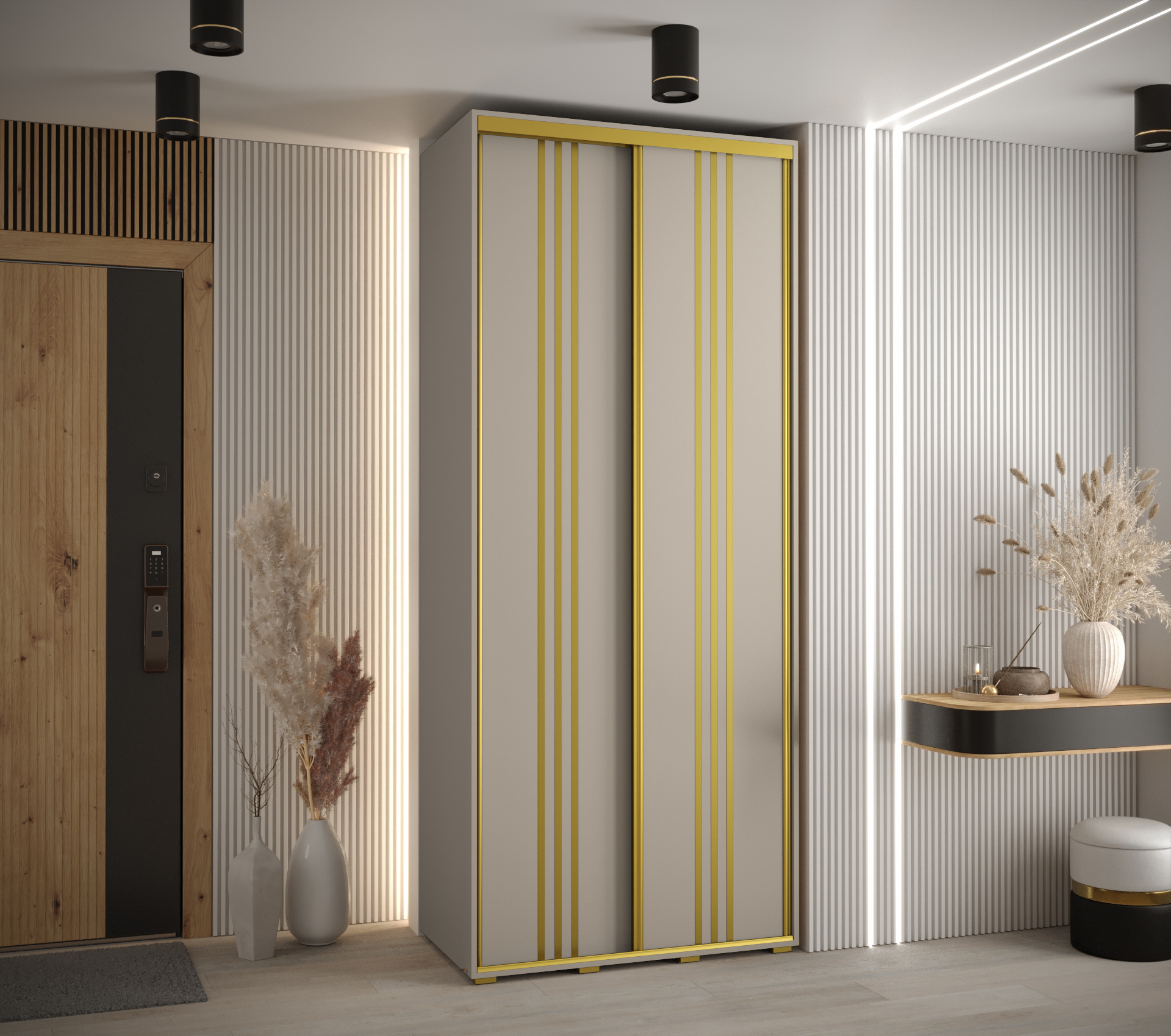 Šatní skříň Dakota 6 - hloubka 60 cm Rozměry: 120 cm, Pásky / úchyty: Zlatý, Barva korpusu + barva dveří: Kašmír