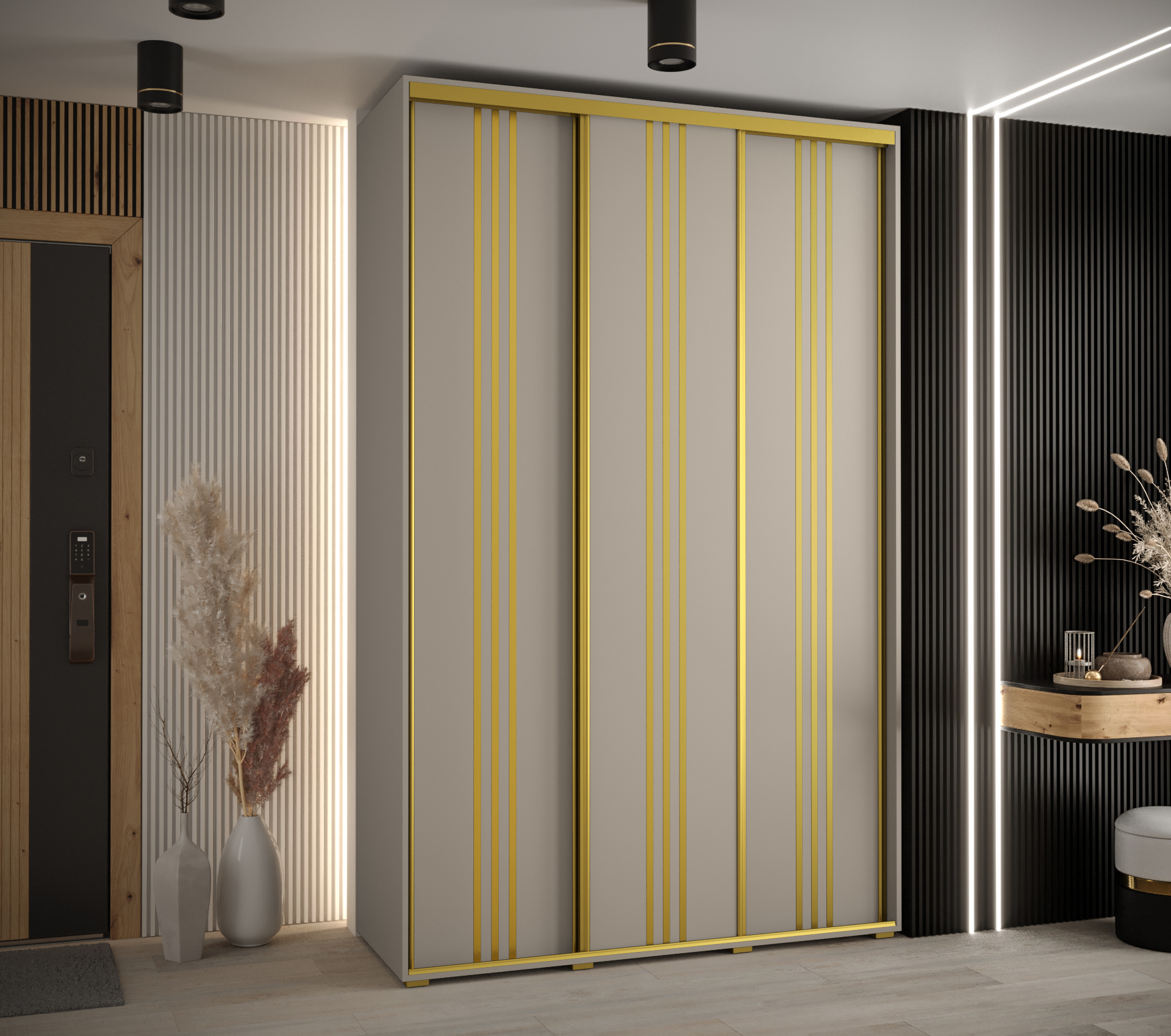 Šatní skříň Dakota 6 - hloubka 60 cm Rozměry: 160 cm, Pásky / úchyty: Zlatý, Barva korpusu + barva dveří: Kašmír