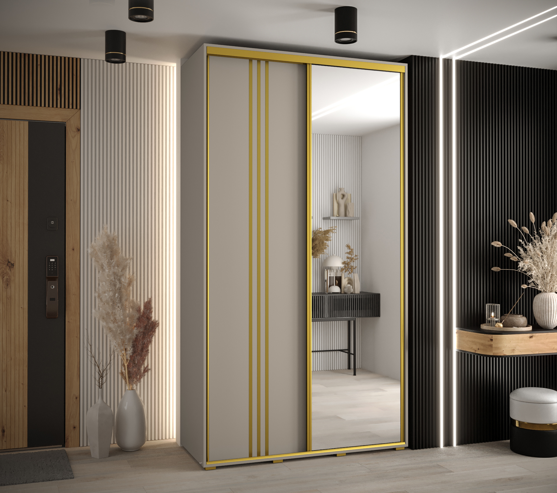 Šatní skříň Dakota 7 - hloubka 45 cm Rozměry: 130 cm, Pásky / úchyty: Zlatý, Barva korpusu + barva dveří: Kašmír