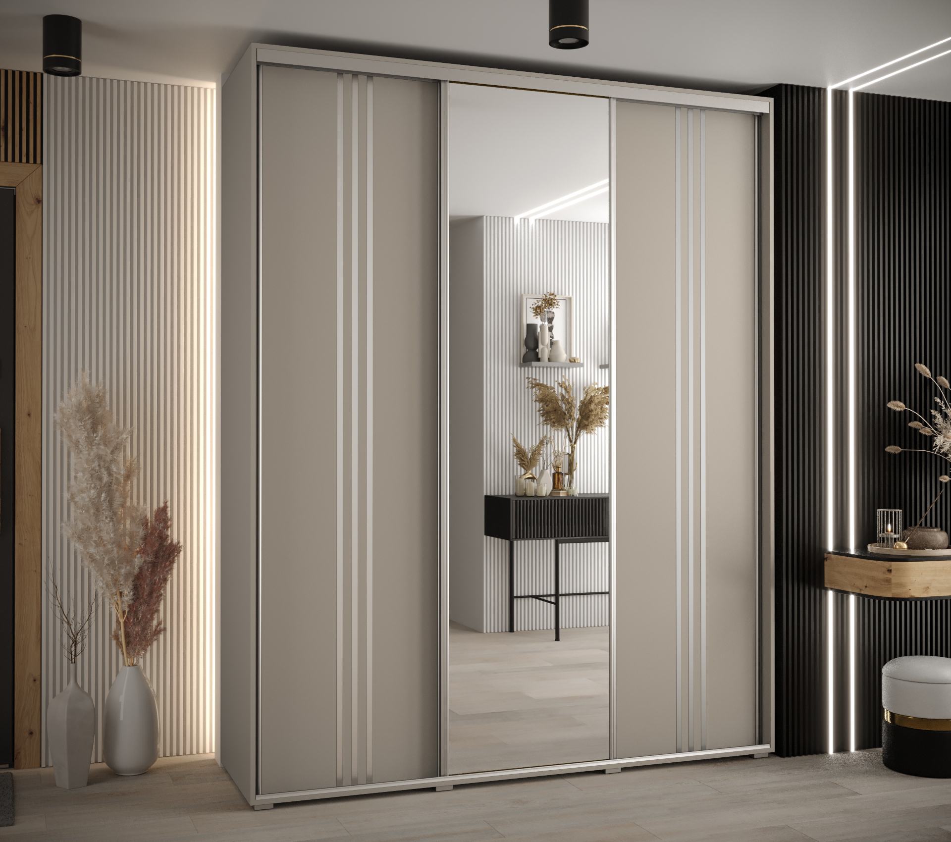 Šatní skříň Dakota 7 - hloubka 45 cm Rozměry: 190 cm, Pásky / úchyty: Stříbrné, Barva korpusu + barva dveří: Kašmír