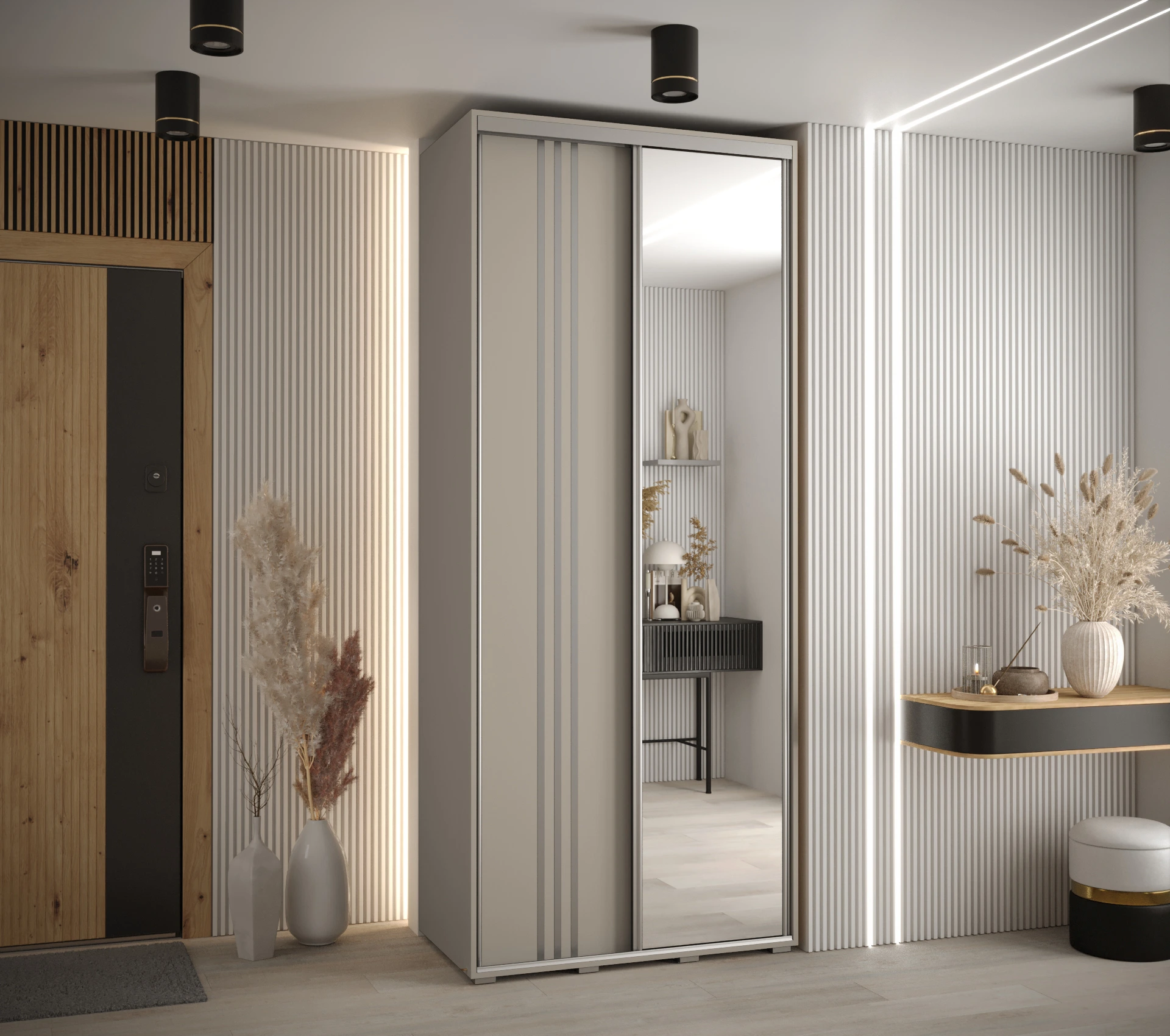 Šatní skříň Dakota 7 - hloubka 60 cm Rozměry: 120 cm, Pásky / úchyty: Stříbrné, Barva korpusu + barva dveří: Kašmír