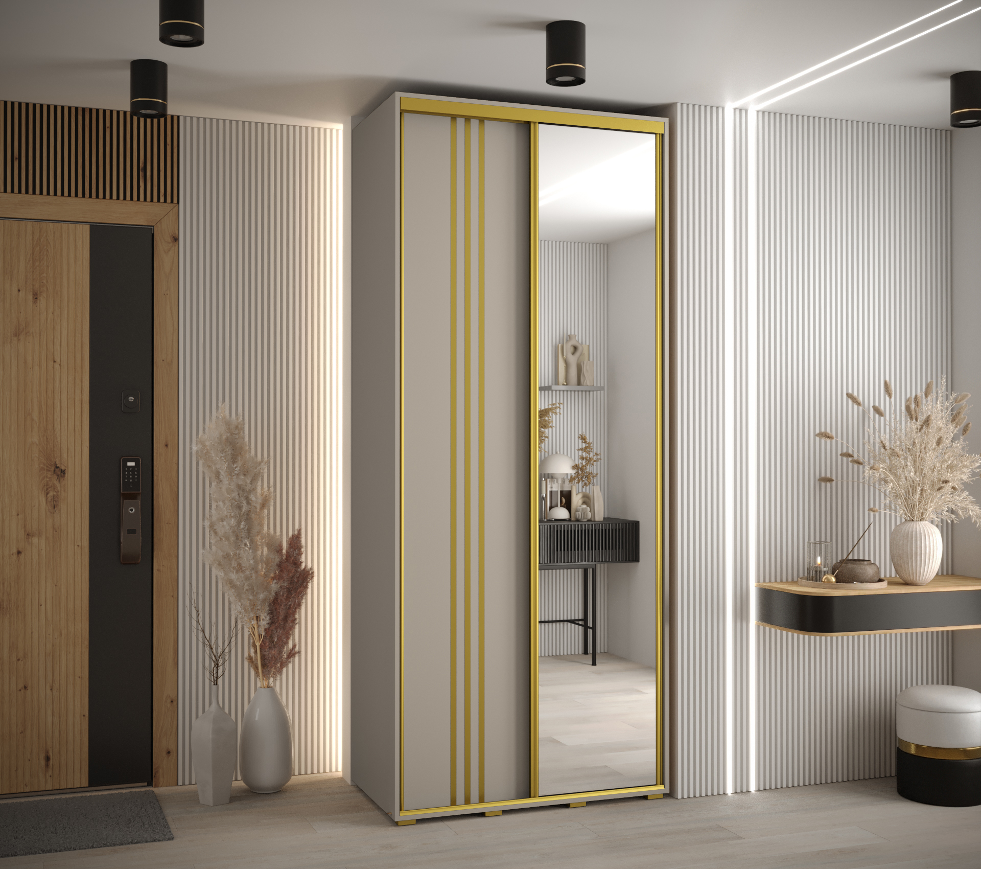 Šatní skříň Dakota 7 - hloubka 60 cm Rozměry: 120 cm, Pásky / úchyty: Zlatý, Barva korpusu + barva dveří: Kašmír