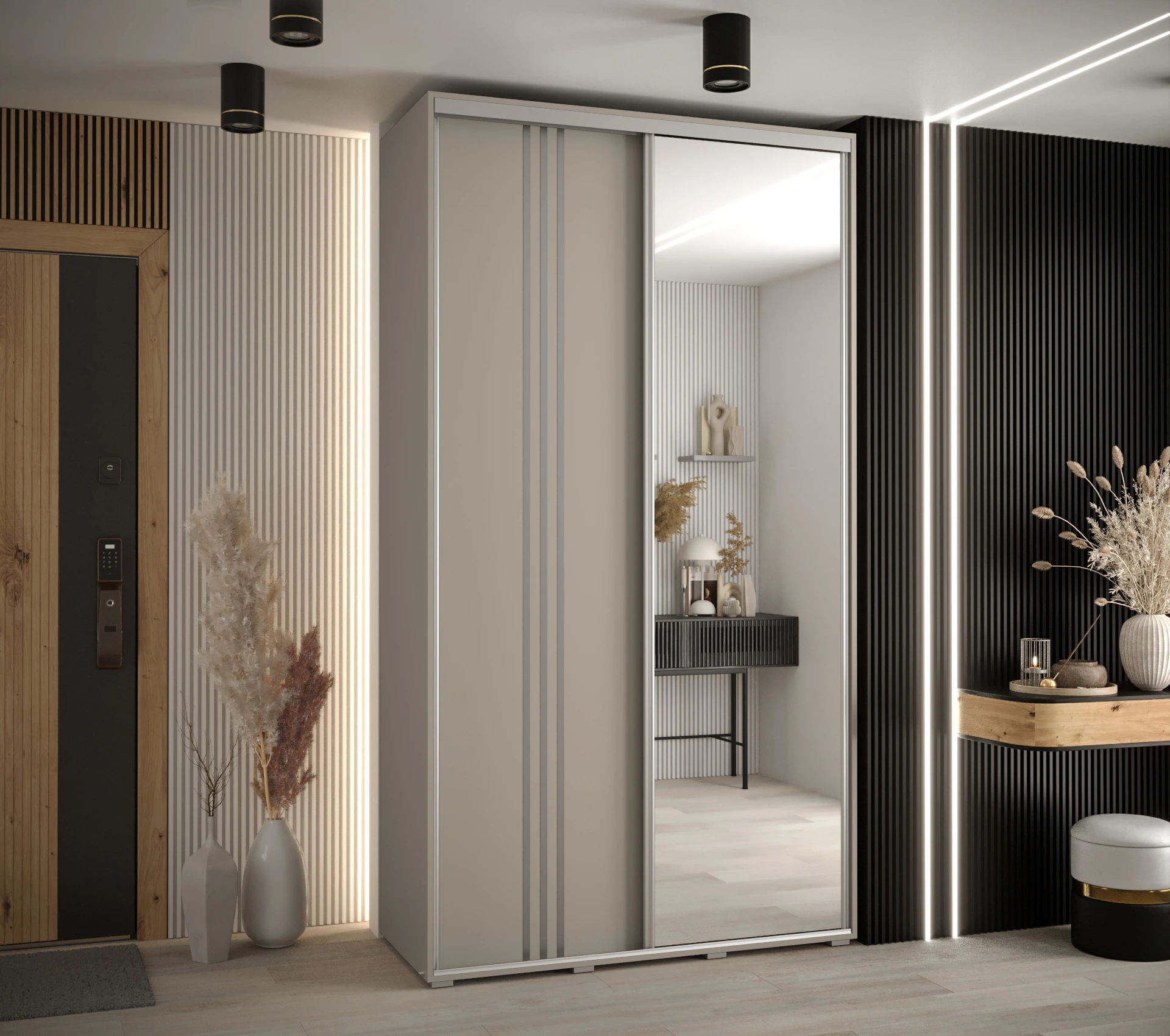 Šatní skříň Dakota 7 - hloubka 60 cm Rozměry: 130 cm, Pásky / úchyty: Stříbrné, Barva korpusu + barva dveří: Kašmír