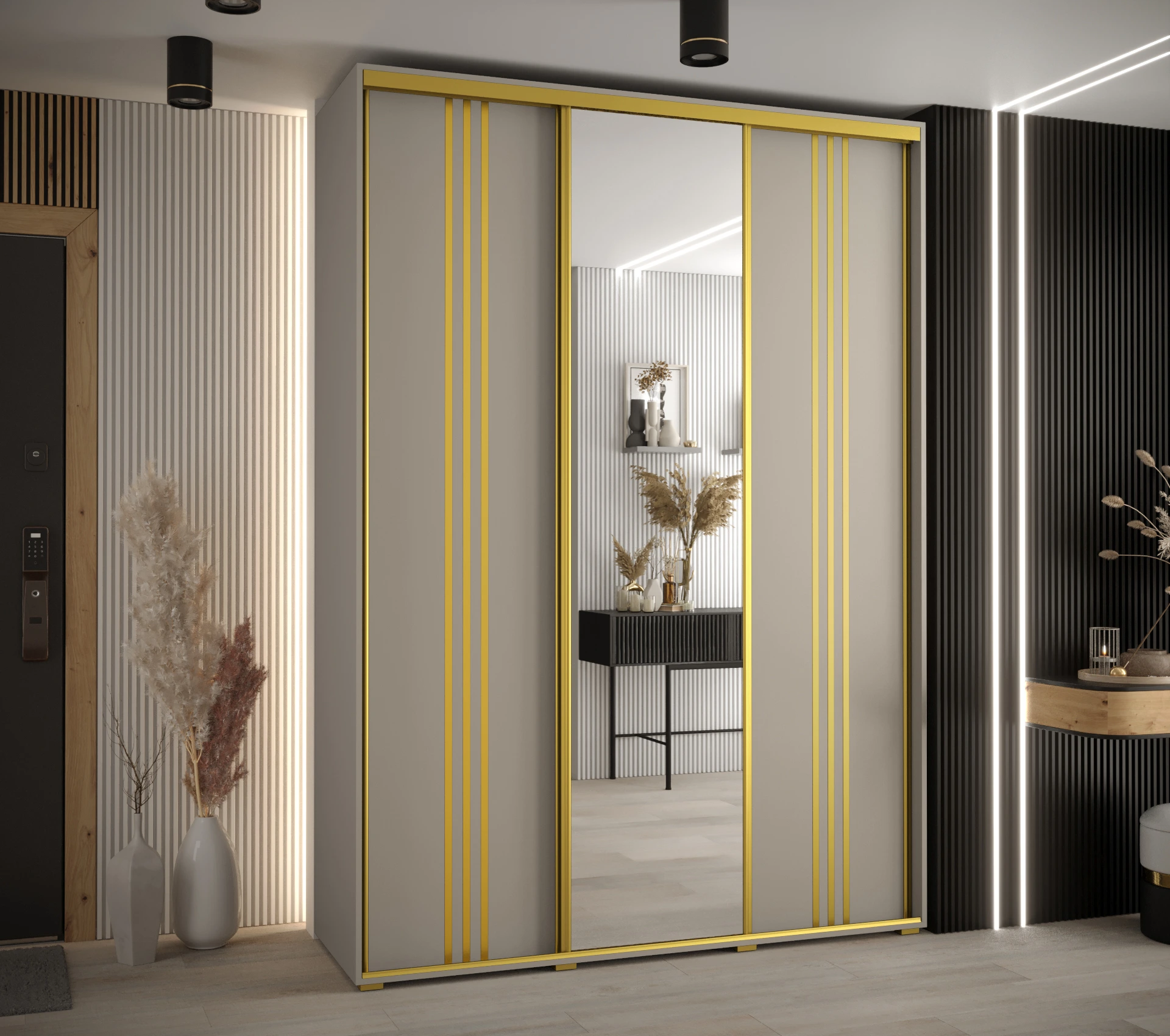 Šatní skříň Dakota 7 - hloubka 60 cm Rozměry: 180 cm, Pásky / úchyty: Zlatý, Barva korpusu + barva dveří: Kašmír