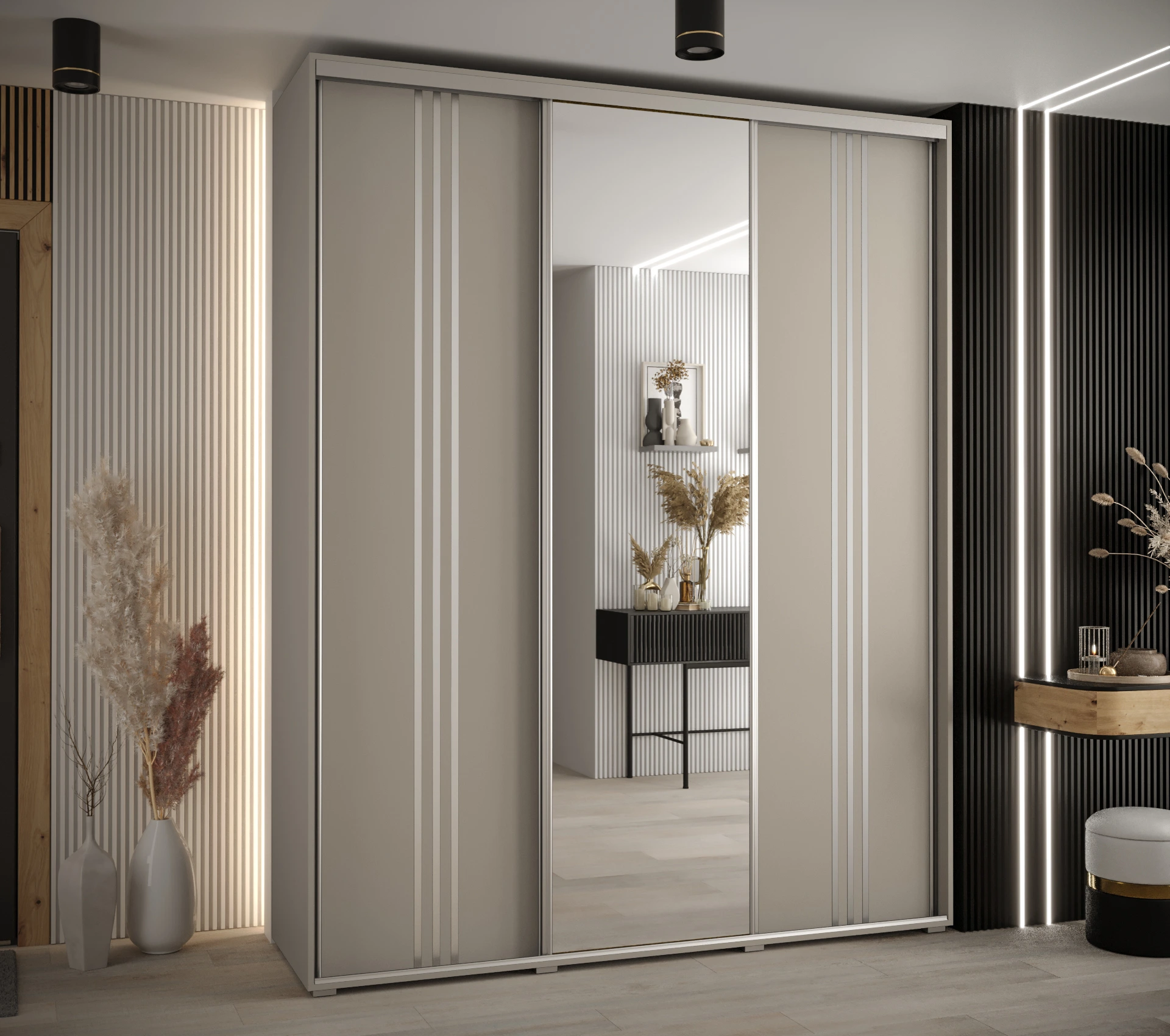 Šatní skříň Dakota 7 - hloubka 60 cm Rozměry: 200 cm, Pásky / úchyty: Stříbrné, Barva korpusu + barva dveří: Kašmír