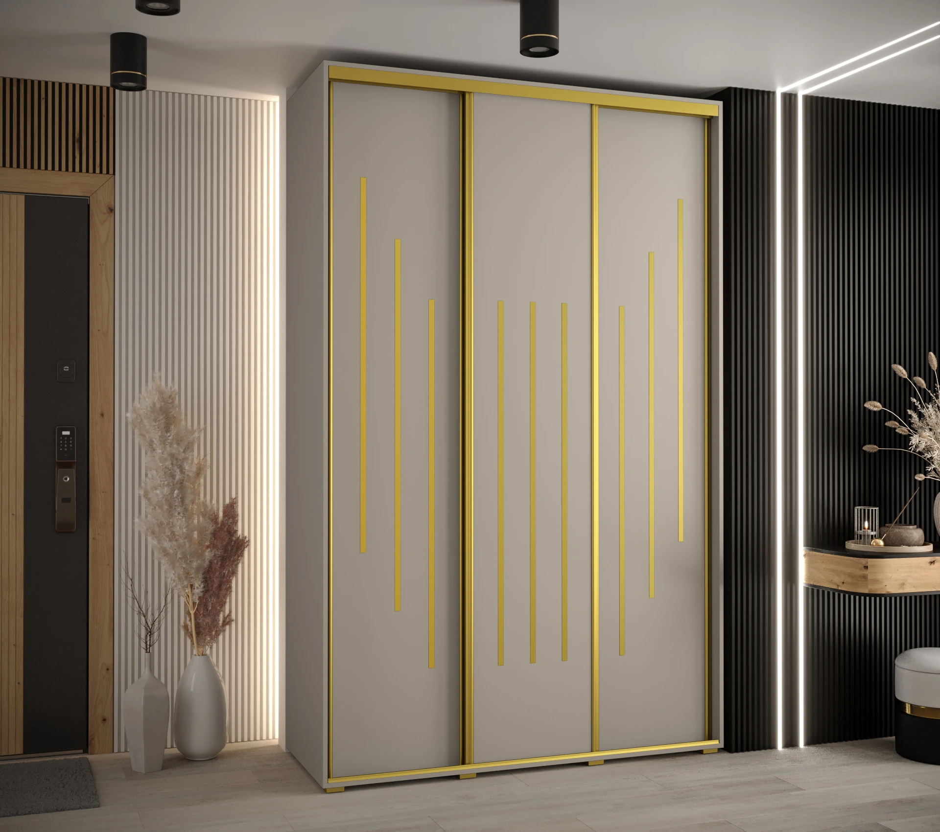 Šatní skříň Dakota 8 - hloubka 45 cm Rozměry: 150 cm, Pásky / úchyty: Zlatý, Barva korpusu + barva dveří: Kašmír