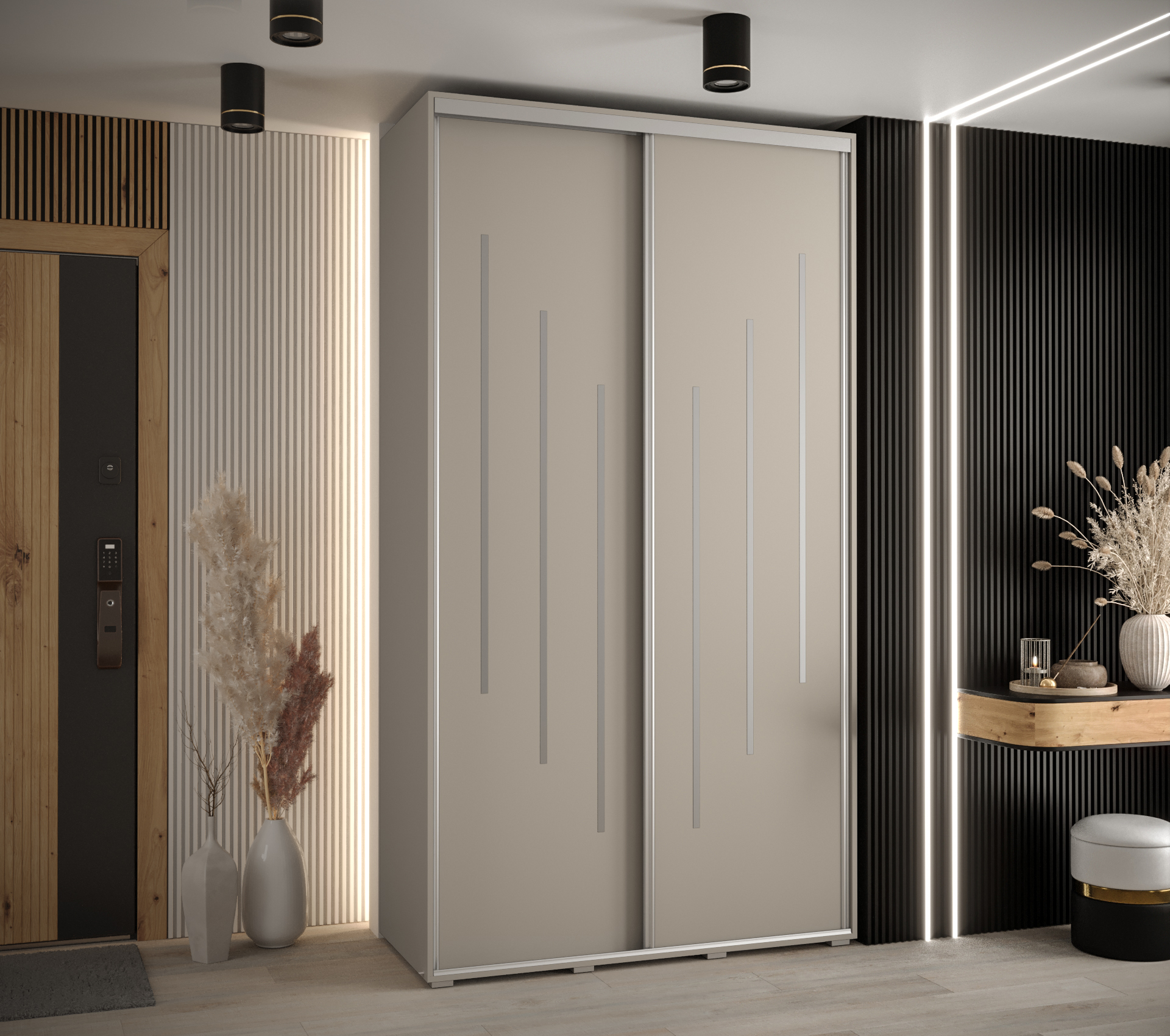 Šatní skříň Dakota 8 - hloubka 60 cm Rozměry: 130 cm, Pásky / úchyty: Stříbrné, Barva korpusu + barva dveří: Kašmír