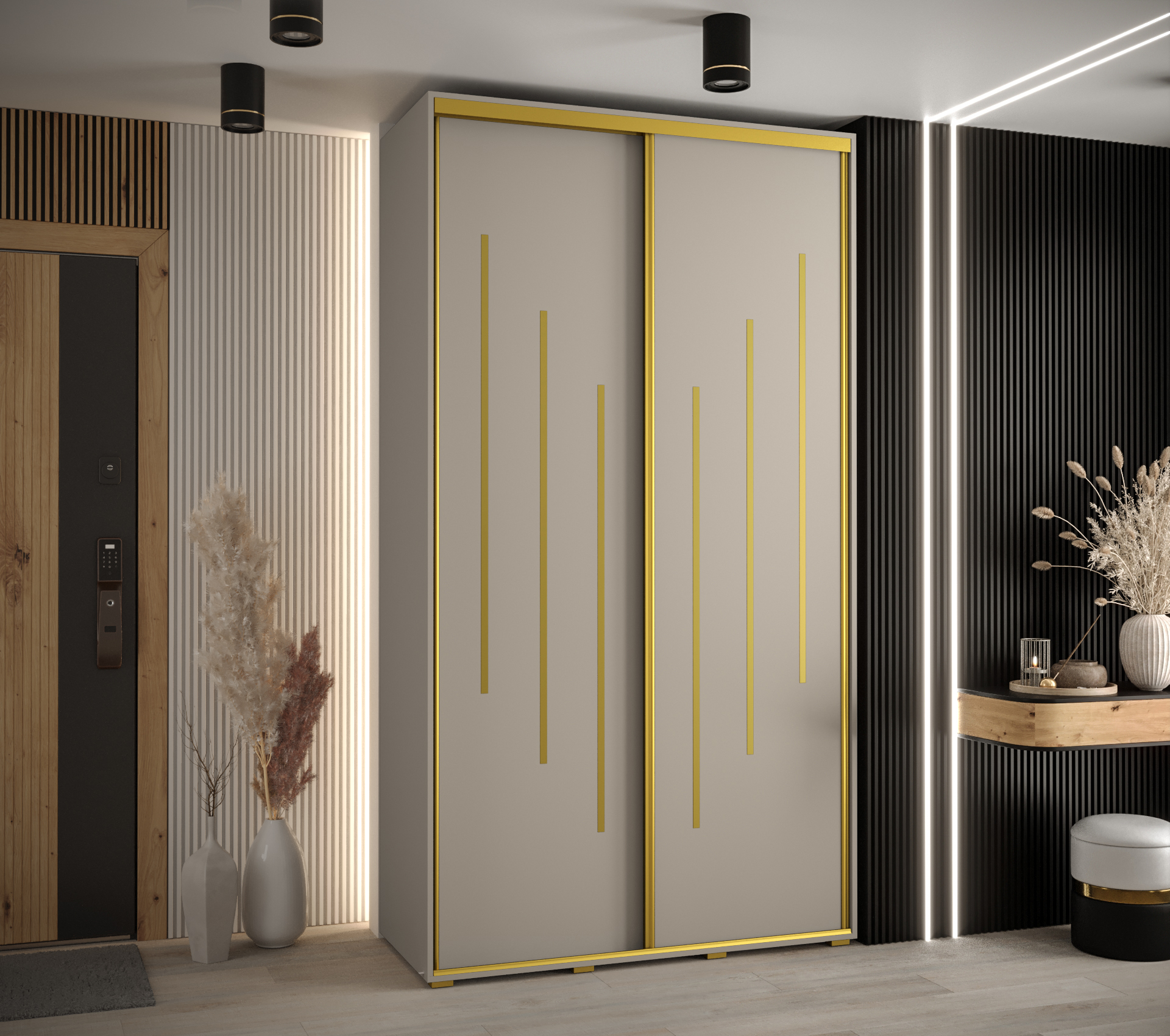 Šatní skříň Dakota 8 - hloubka 60 cm Rozměry: 140 cm, Pásky / úchyty: Zlatý, Barva korpusu + barva dveří: Kašmír