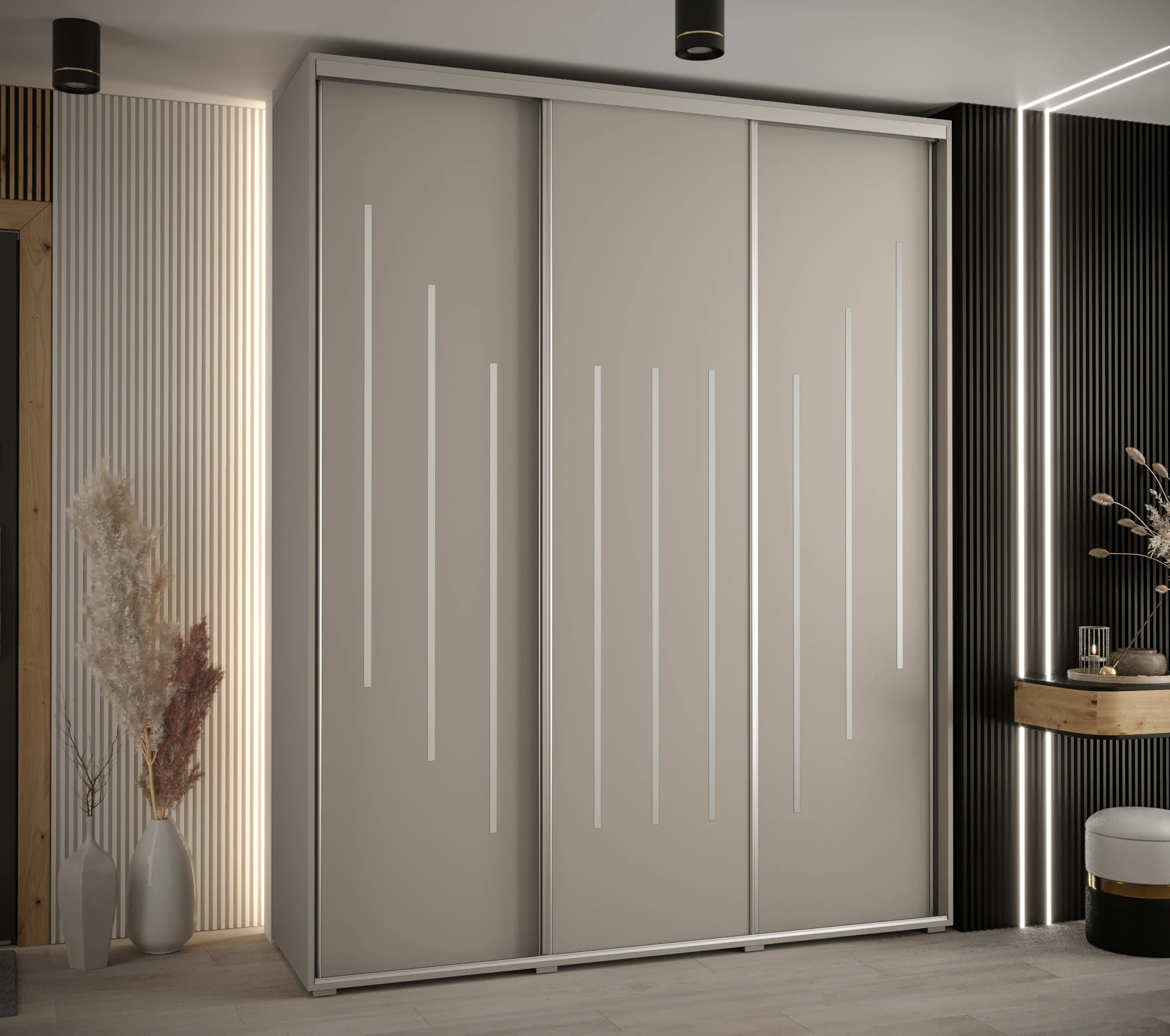 Šatní skříň Dakota 8 - hloubka 60 cm Rozměry: 190 cm, Pásky / úchyty: Stříbrné, Barva korpusu + barva dveří: Kašmír