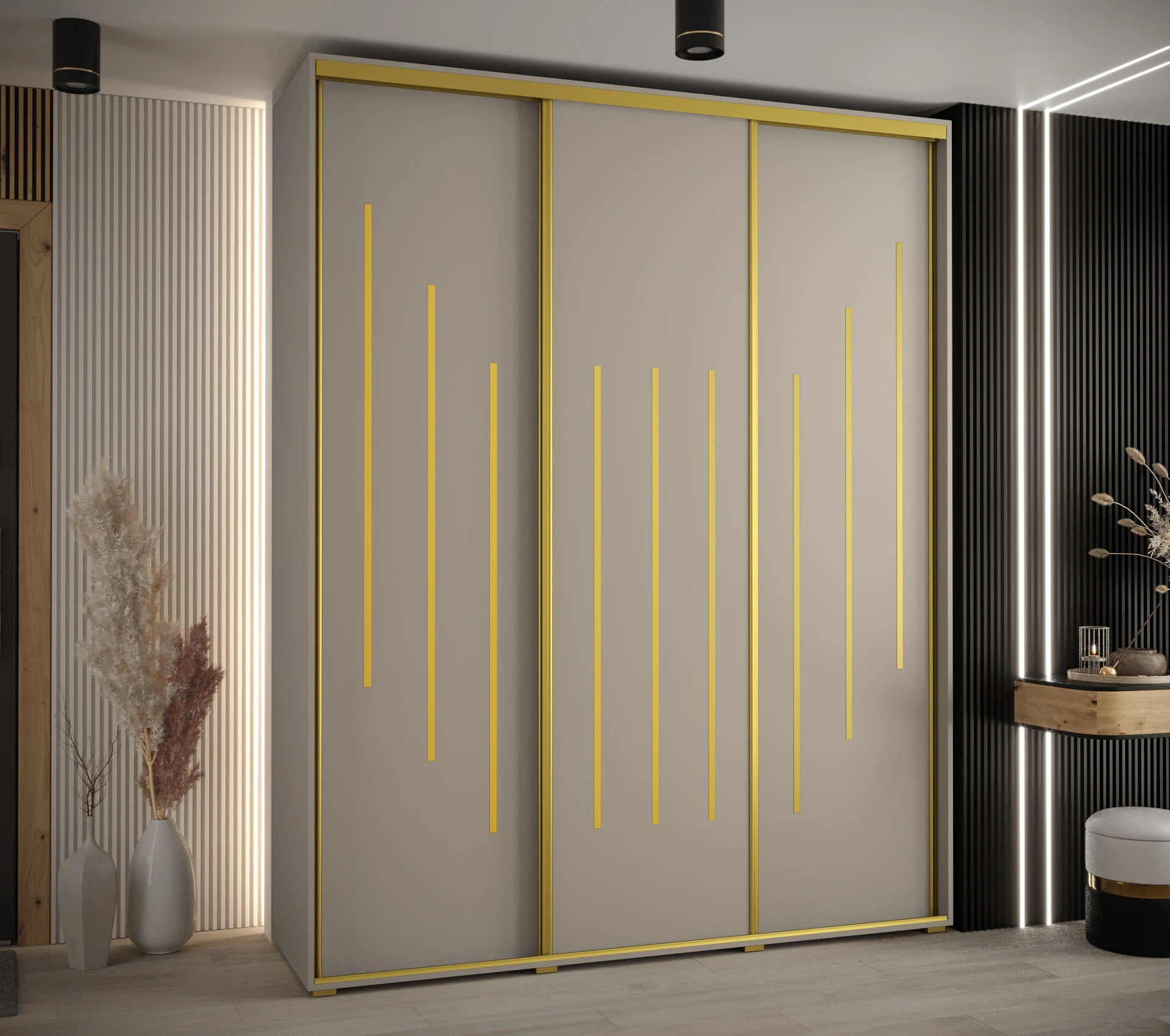 Šatní skříň Dakota 8 - hloubka 60 cm Rozměry: 200 cm, Pásky / úchyty: Zlatý, Barva korpusu + barva dveří: Kašmír