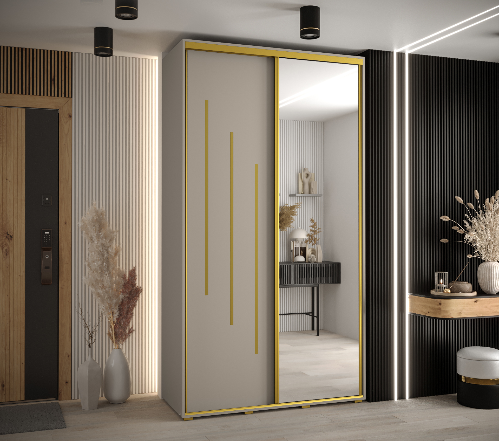 Šatní skříň Dakota 9 - hloubka 45 cm Rozměry: 140 cm, Pásky / úchyty: Zlatý, Barva korpusu + barva dveří: Kašmír