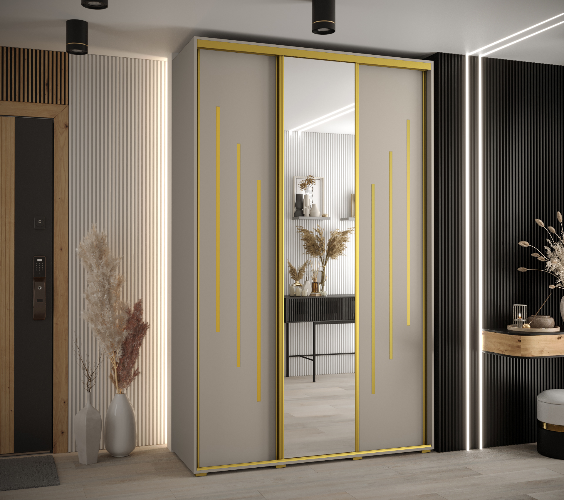 Šatní skříň Dakota 9 - hloubka 60 cm Rozměry: 150 cm, Pásky / úchyty: Zlatý, Barva korpusu + barva dveří: Kašmír