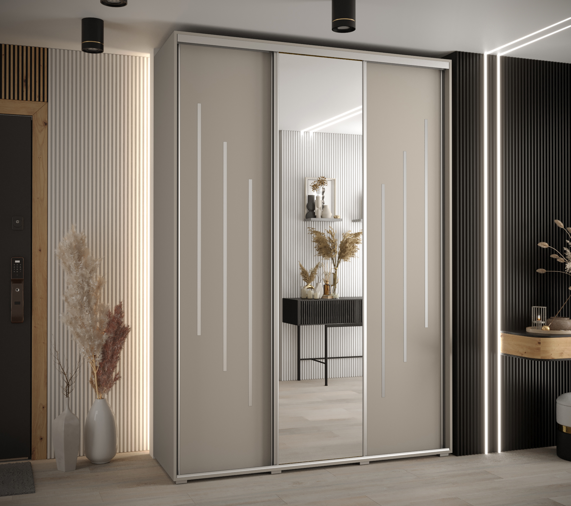 Šatní skříň Dakota 9 - hloubka 60 cm Rozměry: 170 cm, Pásky / úchyty: Stříbrné, Barva korpusu + barva dveří: Kašmír