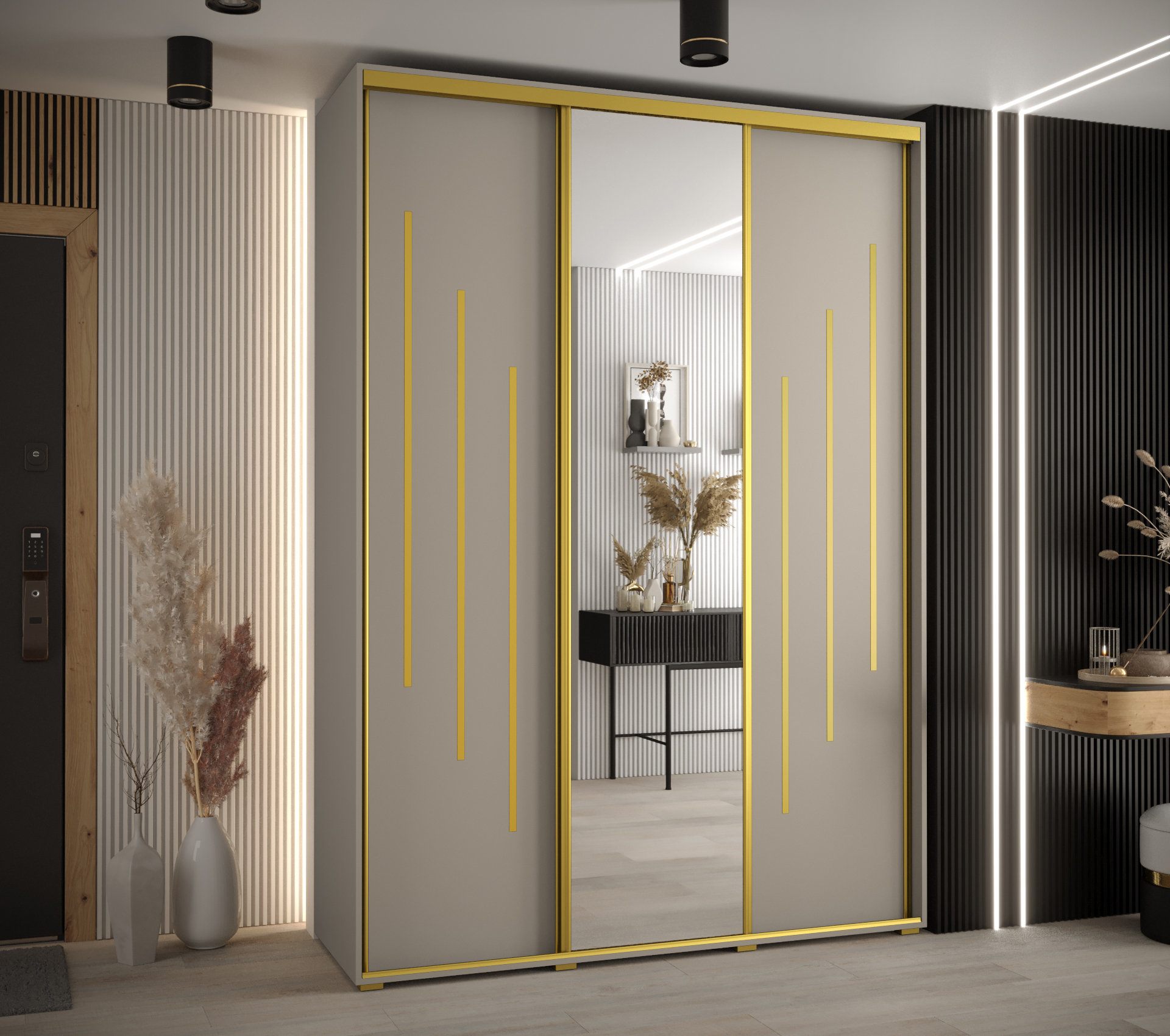 Šatní skříň Dakota 9 - hloubka 60 cm Rozměry: 170 cm, Pásky / úchyty: Zlatý, Barva korpusu + barva dveří: Kašmír