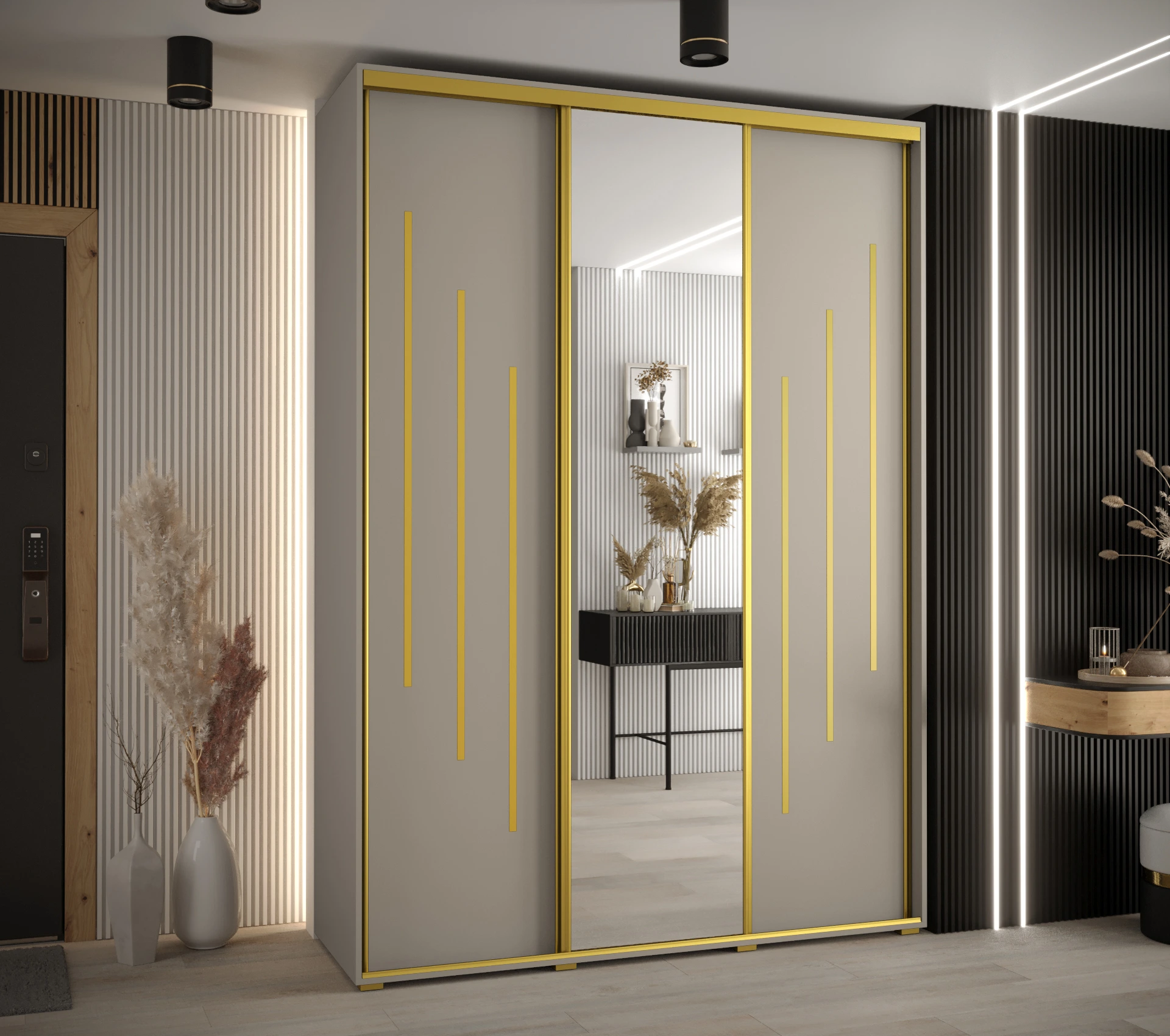 Šatní skříň Dakota 9 - hloubka 60 cm Rozměry: 180 cm, Pásky / úchyty: Zlatý, Barva korpusu + barva dveří: Kašmír