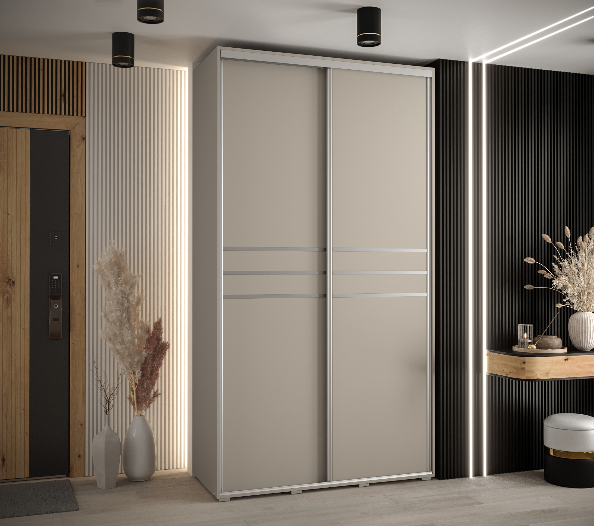 Šatní skříň Dakota 10 - hloubka 45 cm Rozměry: 130 cm, Pásky / úchyty: Stříbrné, Barva korpusu + barva dveří: Kašmír