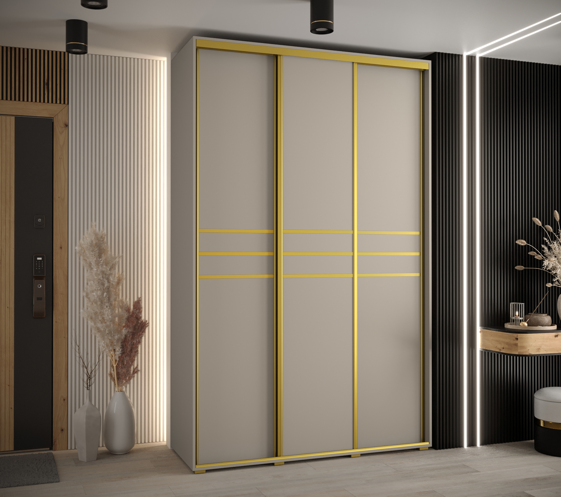 Šatní skříň Dakota 10 - hloubka 45 cm Rozměry: 160 cm, Pásky / úchyty: Zlatý, Barva korpusu + barva dveří: Kašmír