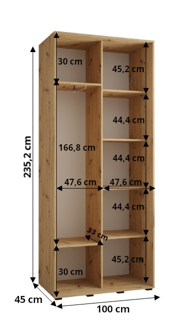 Šatní skříň Dakota 10 - hloubka 45 cm Rozměry: 100 cm, Pásky / úchyty: Stříbrné, Barva korpusu + barva dveří: Kašmír (obrázek 7)