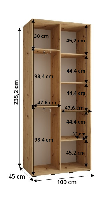 Šatní skříň Dakota 10 - hloubka 45 cm Rozměry: 100 cm, Pásky / úchyty: Stříbrné, Barva korpusu + barva dveří: Kašmír (obrázek 8)