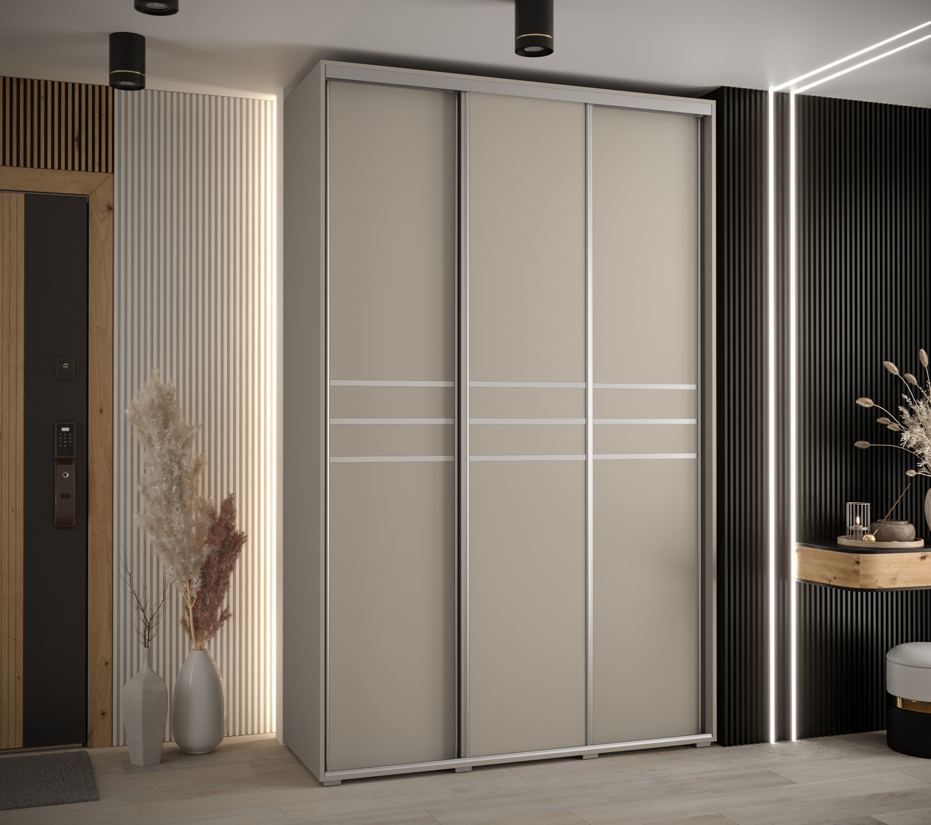 Šatní skříň Dakota 10 - hloubka 60 cm Rozměry: 150 cm, Pásky / úchyty: Stříbrné, Barva korpusu + barva dveří: Kašmír