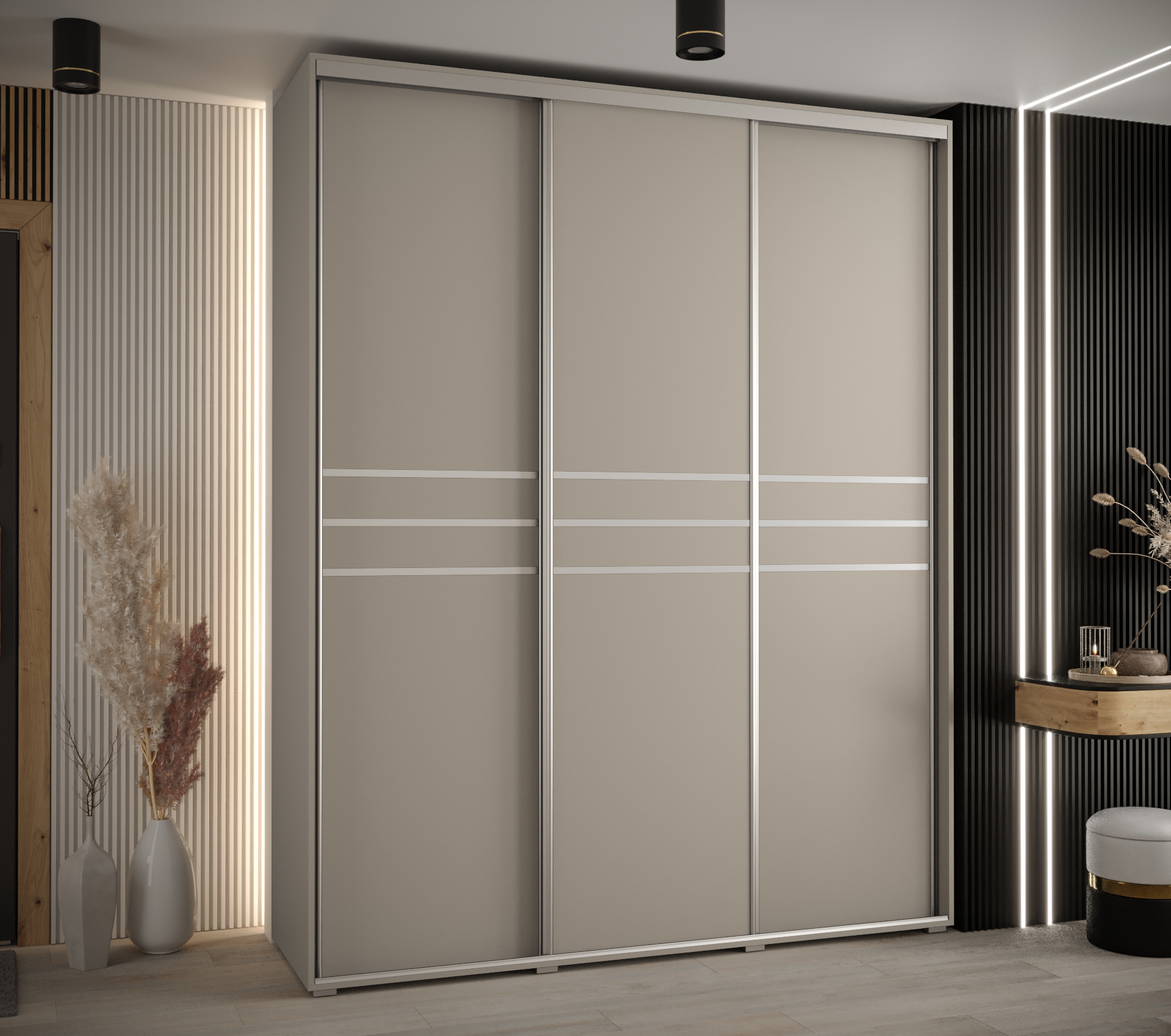 Šatní skříň Dakota 10 - hloubka 60 cm Rozměry: 190 cm, Pásky / úchyty: Stříbrné, Barva korpusu + barva dveří: Kašmír