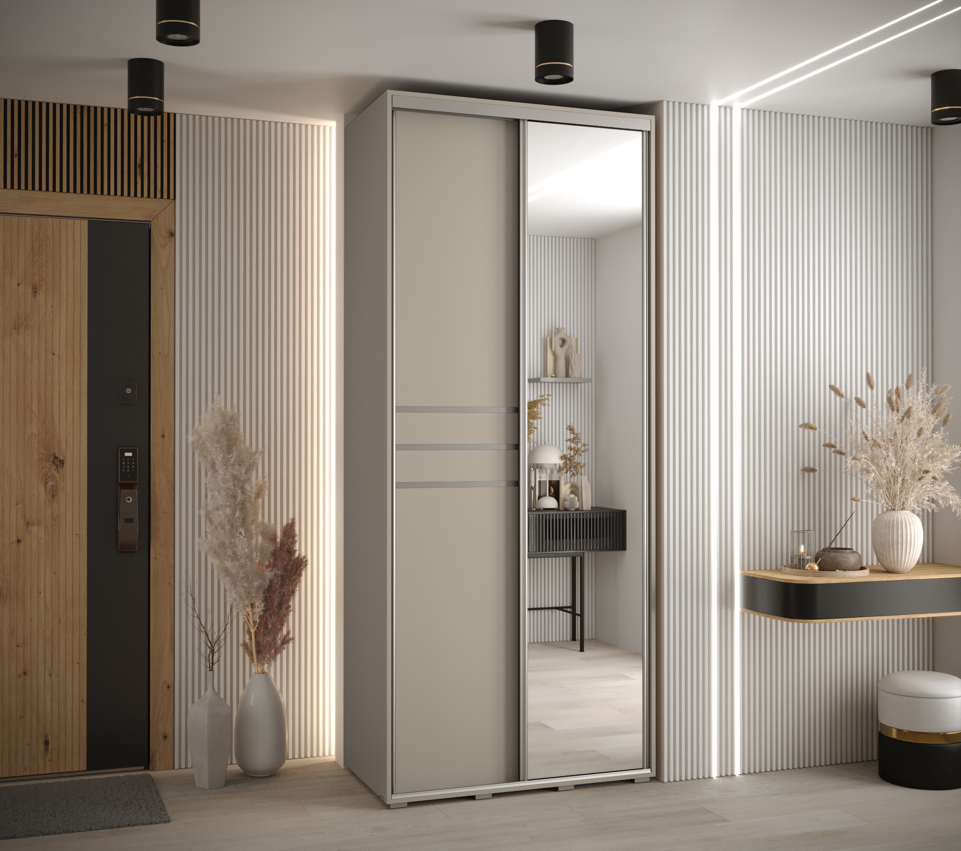 Šatní skříň Dakota 11 - hloubka 45 cm Rozměry: 120 cm, Pásky / úchyty: Stříbrné, Barva korpusu + barva dveří: Kašmír