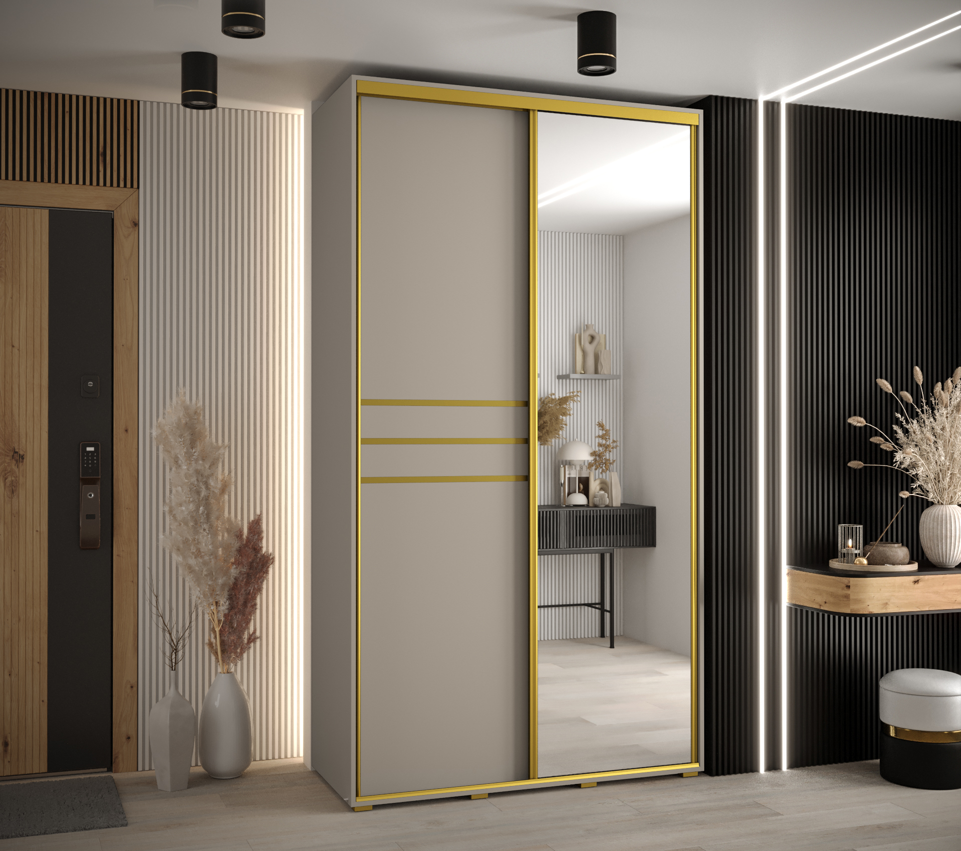 Šatní skříň Dakota 11 - hloubka 45 cm Rozměry: 130 cm, Pásky / úchyty: Zlatý, Barva korpusu + barva dveří: Kašmír