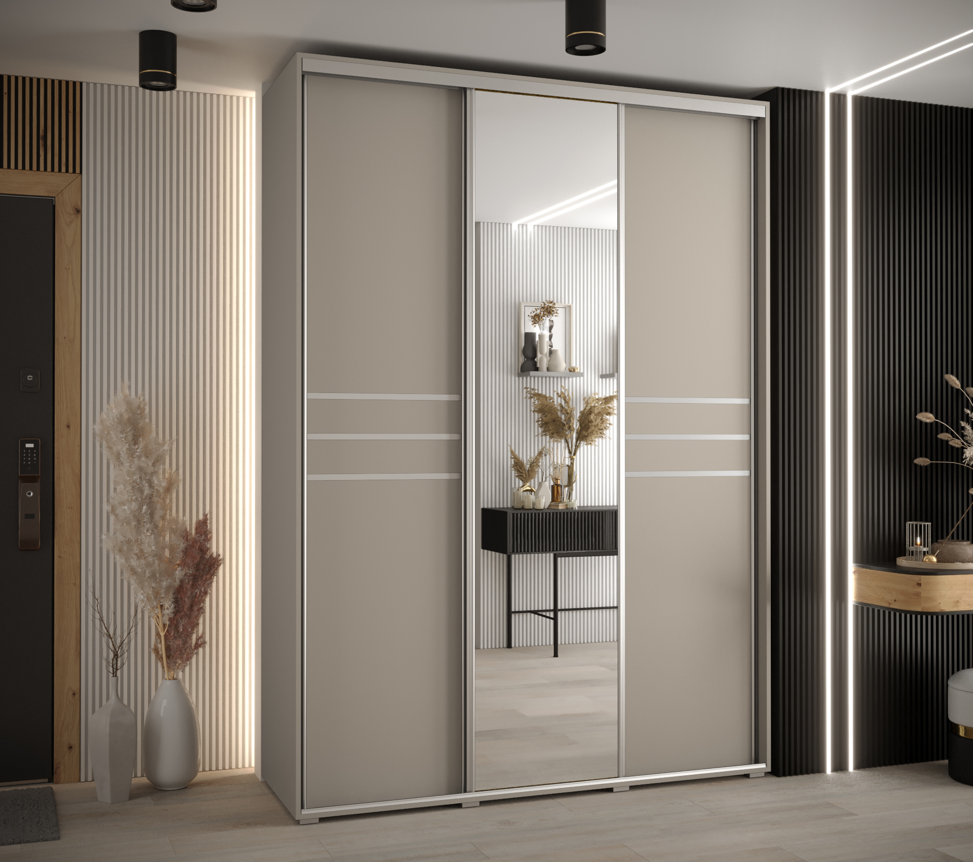 Šatní skříň Dakota 11 - hloubka 45 cm Rozměry: 170 cm, Pásky / úchyty: Stříbrné, Barva korpusu + barva dveří: Kašmír