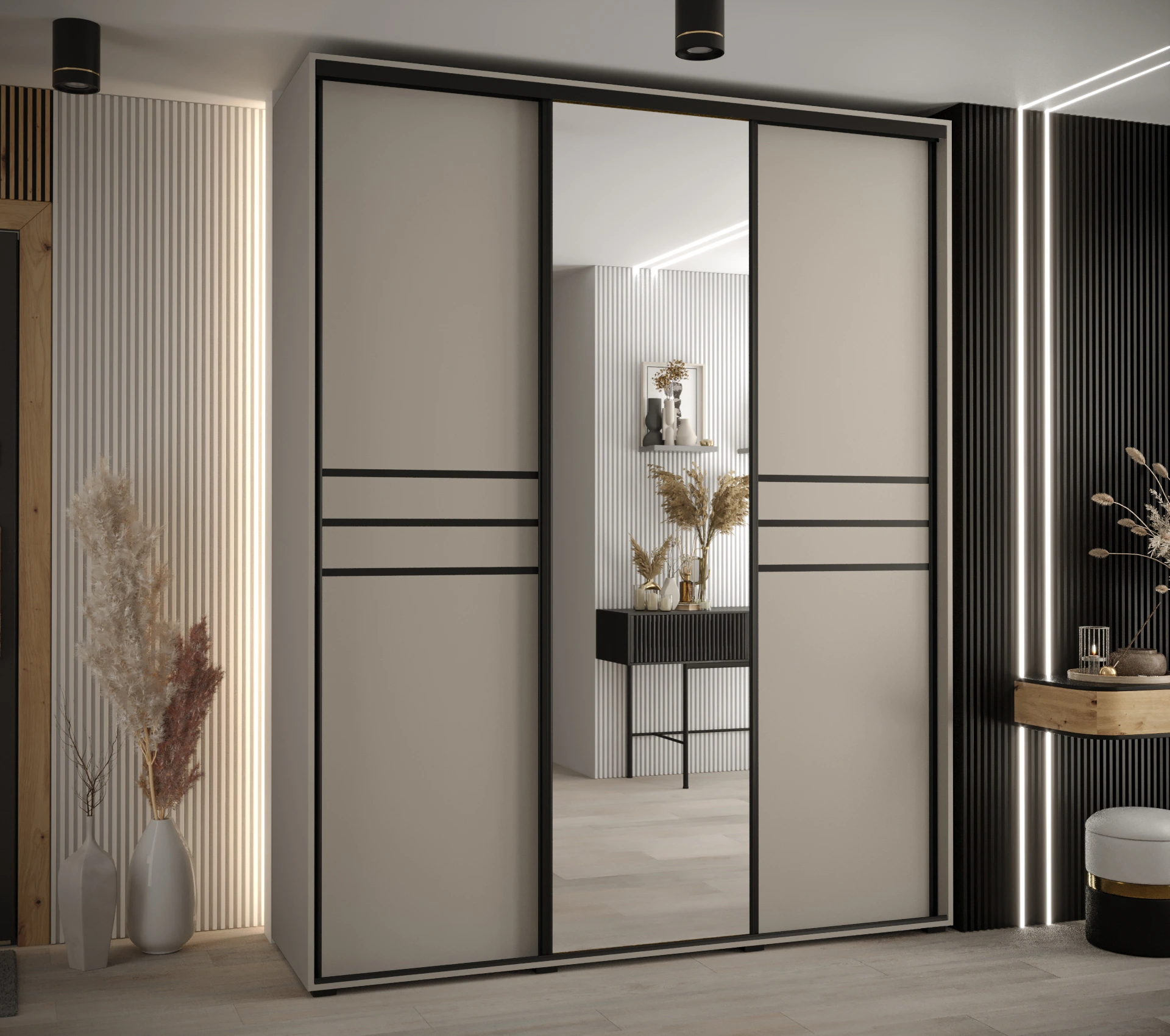 Šatní skříň Dakota 11 - hloubka 45 cm Rozměry: 200 cm, Pásky / úchyty: Černá, Barva korpusu + barva dveří: Kašmír